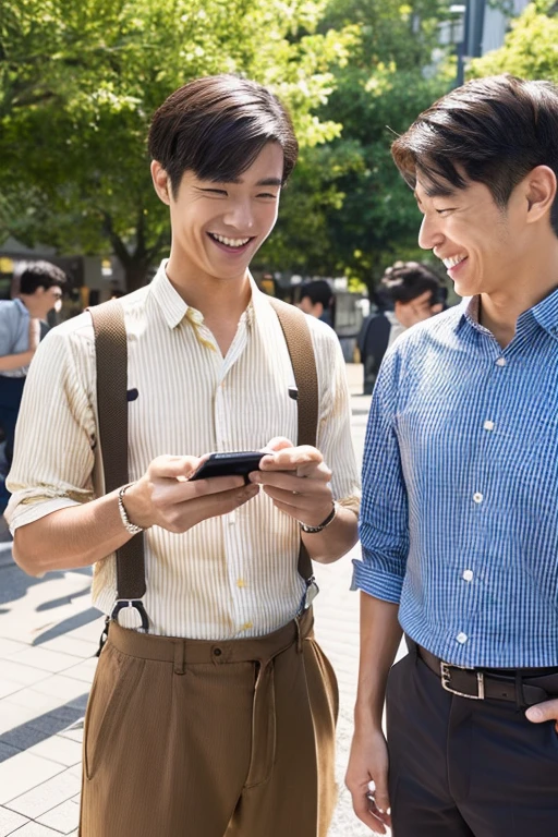 Man looking at smartphone x2,I&#39;m so happy I&#39;m jumping up and down,handsome smiling man,jpn,male in his 20s,I have a smartphone,having clothes are worn,Have a tan,I have a smartphone,up of face,Group of 2