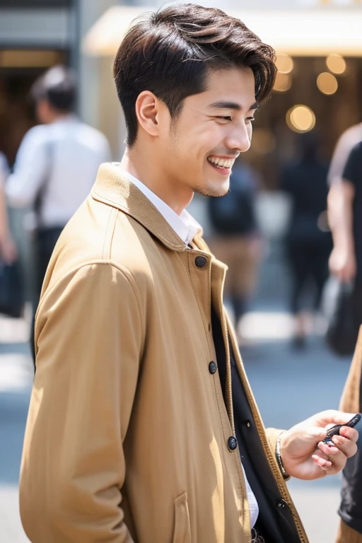 Man looking at smartphone x2,I&#39;m so happy I&#39;m jumping up and down,handsome smiling man,jpn,male in his 20s,I have a smartphone,having clothes are worn,Have a tan,I have a smartphone,up of face,Group of 2