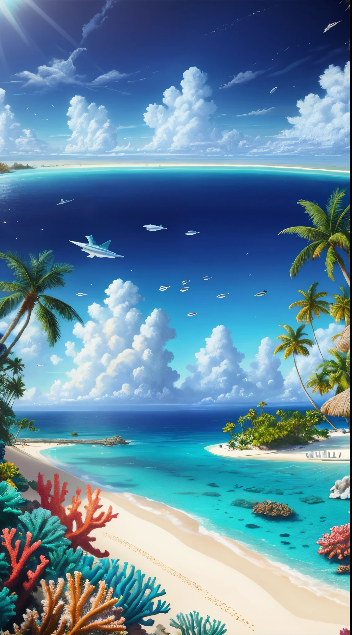 ocean, coral reef, palm trees, amazing wallpaper, magnificent background, surrealism 8k, beautiful art UHD 4k, wallpaper 4k, wallpaper 4k, 4k hd illustration wallpaper, beautiful wallpaper, 4k wallpaper, 4k wallpaper, epic surrealism 8k oil painting, highly detailed surreal visual effects
