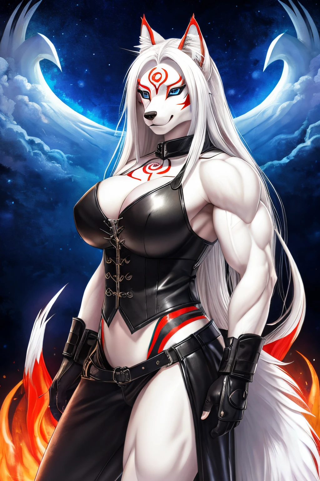 amaterasu (okami), wolf face, blue eyes, anthro, anthrofied, leather clothing, black nose, clothed, clothing, female, fully clothed, fur, hair, inner ear fluff, long hair, looking at viewer, solo, tuft, white body, white fur, white hair, muscular belly, muscular arm, profil , big breast