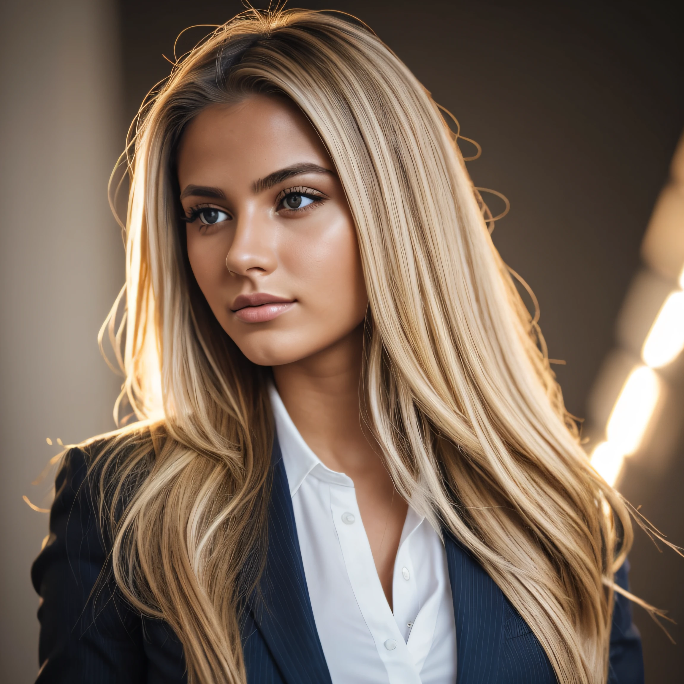 RAW photo, a 20-year-old Brazilian woman, blonde balayage, long hair, wearing business outfit, doing business, (soft backlight), realistic, masterpiece, highest quality, lens flare, [[chromatic aberration]],best shadow, photorealism, hyperrealism, one girl