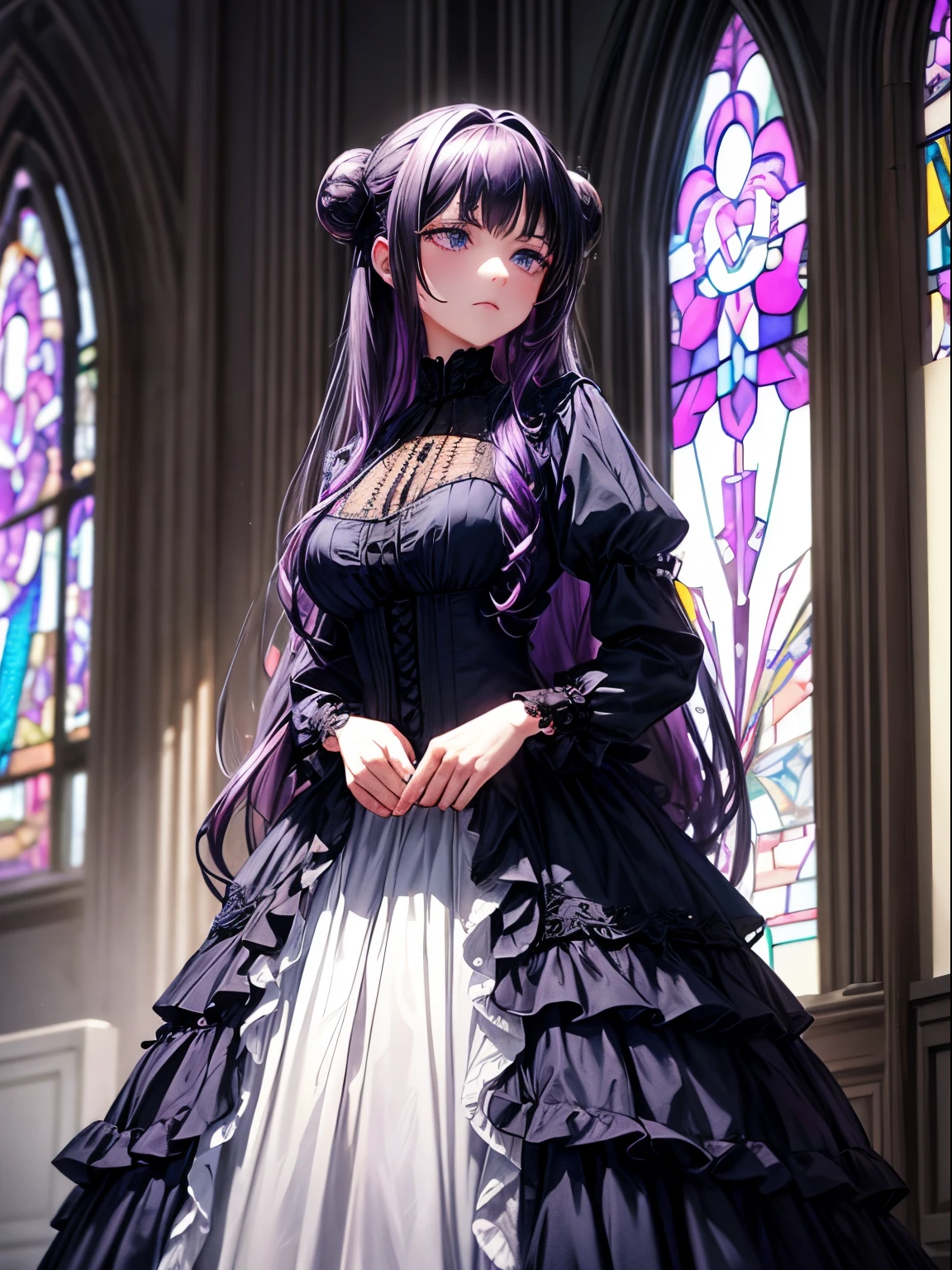 A mature woman with long curly and wavy violet hair, side-swept bangs, hair bun, blue eyes, light skin, melancholic expression, wearing a navy blue gown with black frills and laces, inside of a dark black mansion with black and white stained glass, zoom in