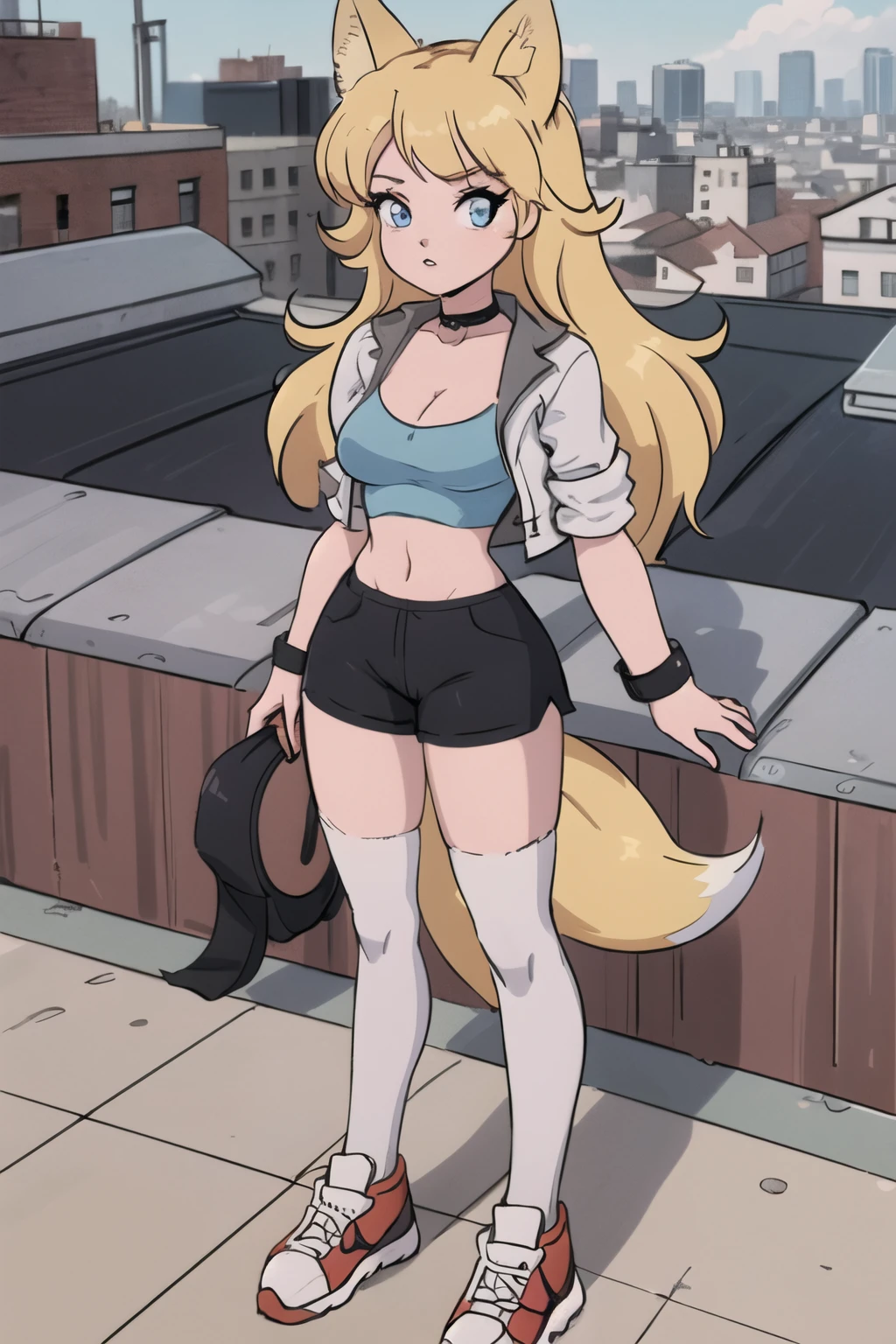 Beautiful 1girl, full body, teenager, solo, (very long waist length blonde hair, straight blonde hair: 1.28), ((light blue eyes)), clear skin, (large darker fox ears: 1.35), pale skin, medium breasts, cleavage, (thin hips, thin waist , athletic body: 1.25), background, looking away, (fitted open cropped leather jacket, choker, short shorts, thigh high stockings, plaid b&w sneakers: 1.11), (standing on a rooftop, overlooking city: 1.15), 4k textures, soft light, elegant, highly detailed, sharp focus, soothing tones,