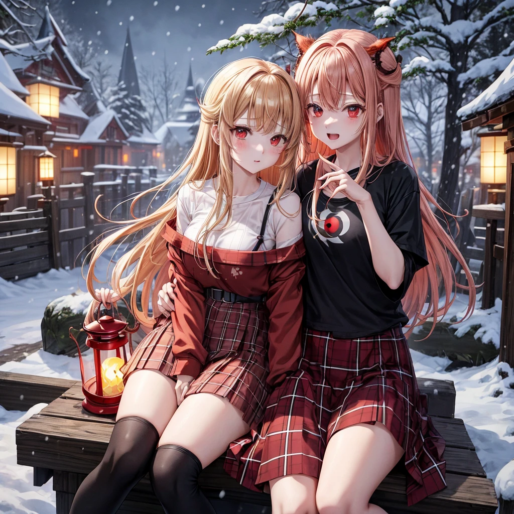 Red-blonde、red eyes、one good looking girl、独奏、animesque、lightly dressed、Plaid miniskirt、wetting hair、sitting on、Black T-shirt、Decayed tree leaning heavily、fullmoon、It's snowing、monster castle、lantern、Gates of Hell、gatekeeper of craft、I'm looking cold
