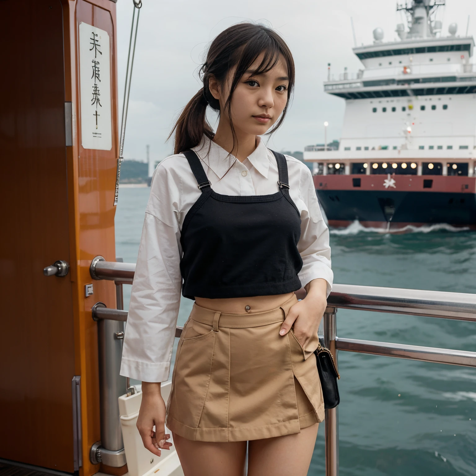 Japanese girl, ship departure, on deck, passenger vessel, miniskirt