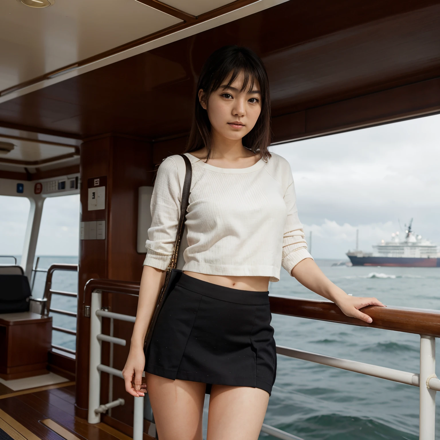 Japanese girl, ship departure, on deck, passenger vessel, miniskirt