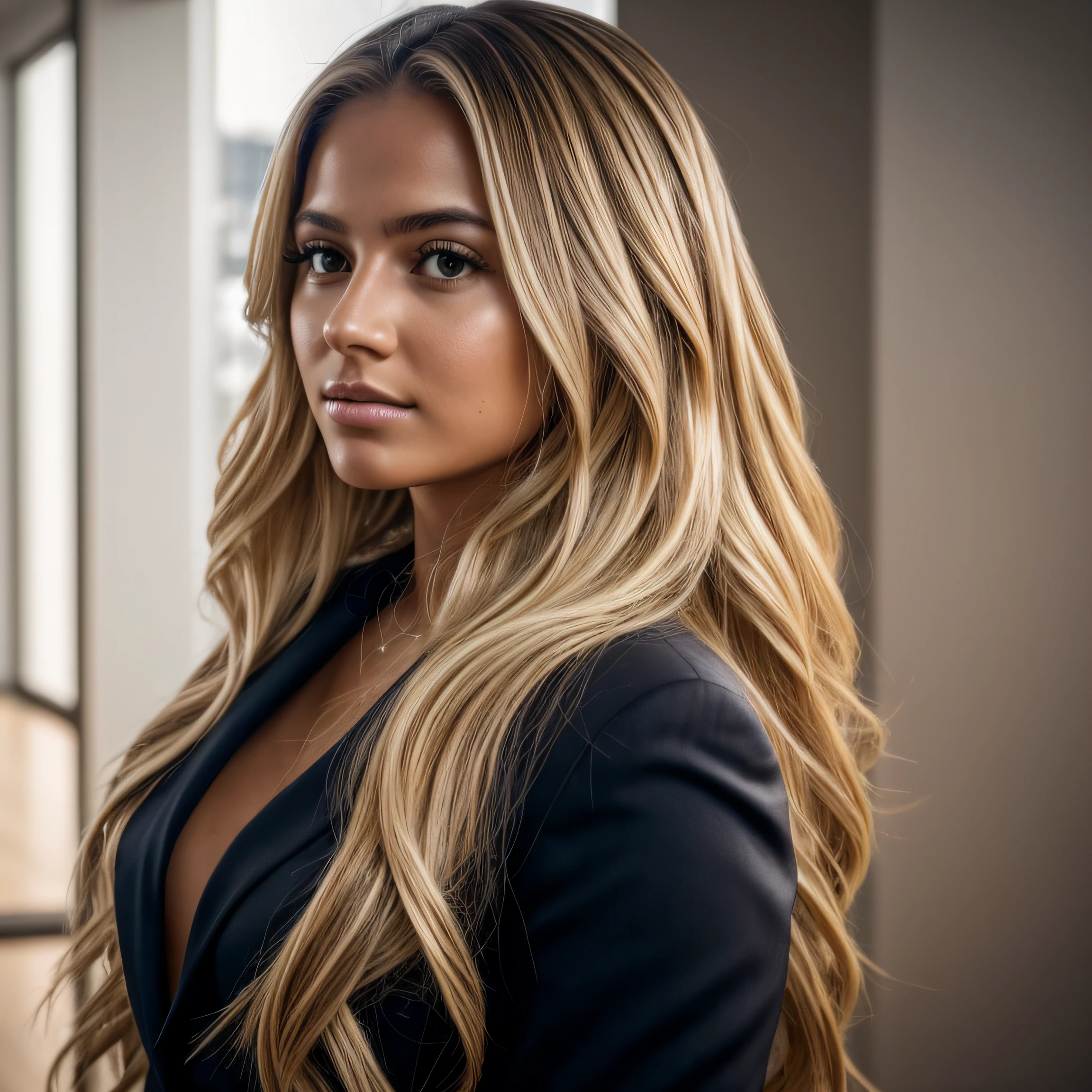 RAW photo, a 20-year-old Brazilian woman, blonde balayage, long hair, wearing business outfit, doing business, (soft backlight), realistic, masterpiece, highest quality, lens flare, [[chromatic aberration]],best shadow, photorealism, hyperrealism, one girl