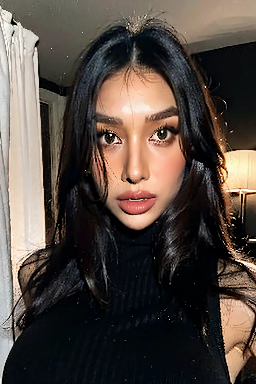 (masterpiece), best quality, masterpiece, (photorealistic:1.2), 1woman, front view, realistic skin, (round face), curtain fringe messy hair, brown hair, human skin imperfection, blackout lighting,sleeveless turtleneck,(1girl), big breast, facing the camera, no makeup on, natural face, natural eyelashes, natural light,