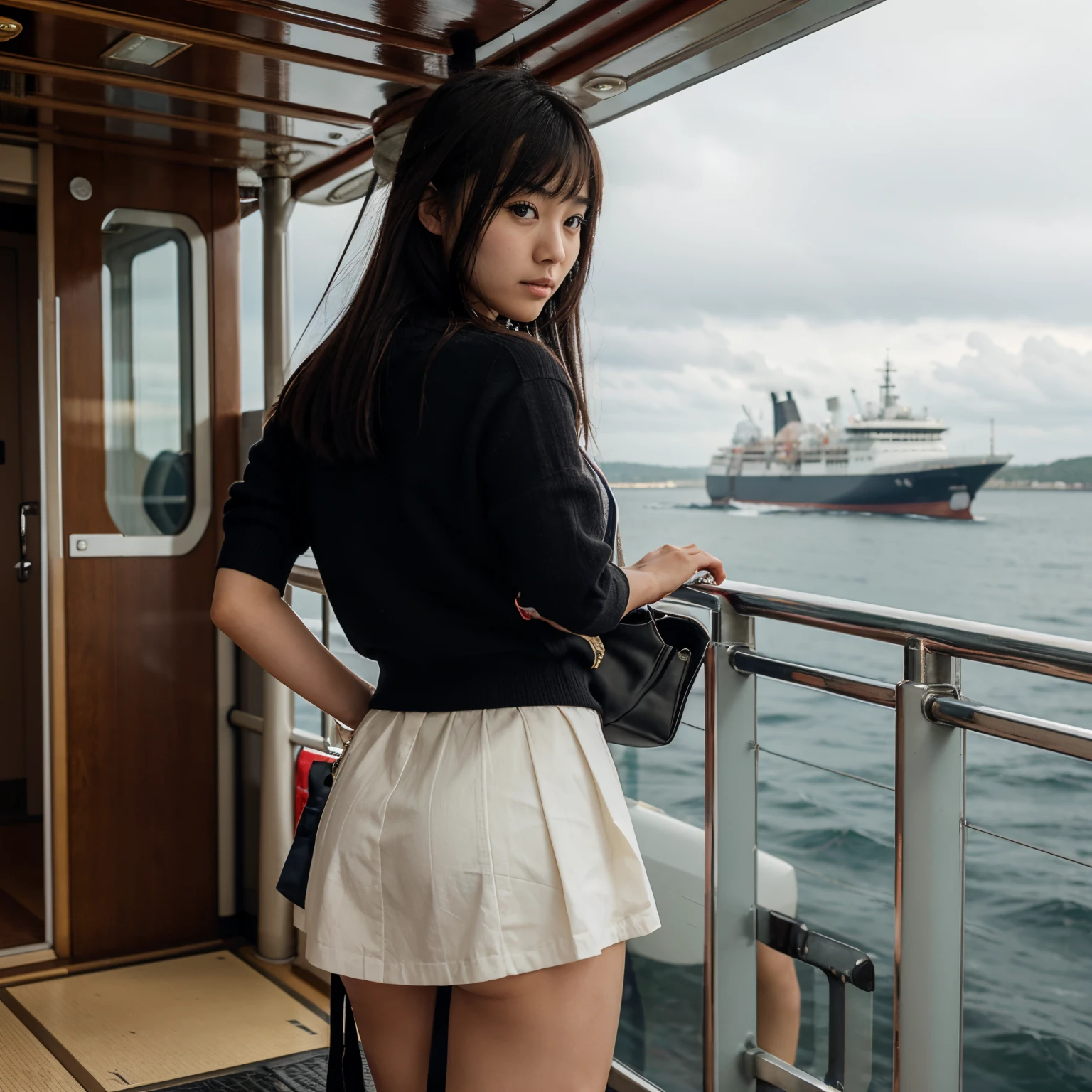 Japanese girl, ship departure, on deck, passenger vessel, miniskirt