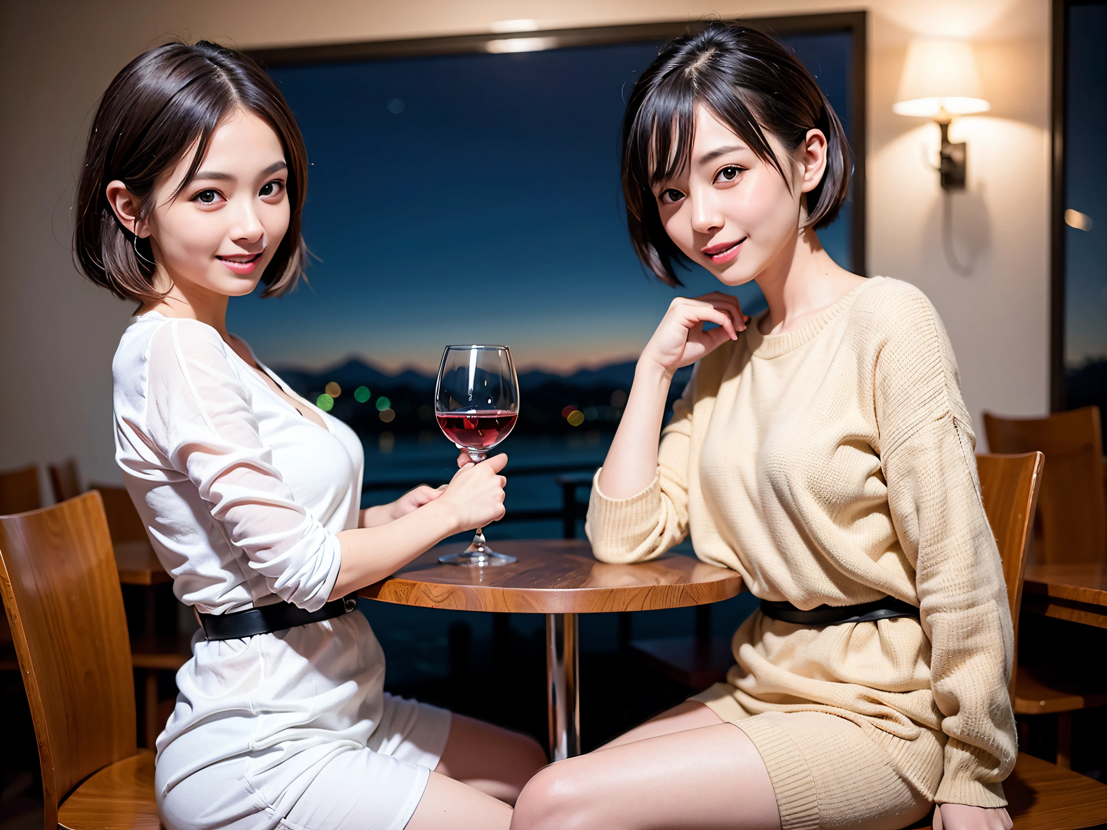 (64k uhd、nffsw、top-quality、masterpiece:1.2)、(realisitic、Photorealsitic:1.37)、ultra-detailliert、1 pretty lady、(Slim Faces)、(Slim body)、(brawn hair)、(short-cut)、blush a little on the cheeks、(44 years old)、38 years、独奏、A beautiful and detailed night view spreads out outside the window..、resturant、Wine glasses in a prominent place、natta、(from waist up)、sitting on、date、(A smile:1.15)、Beautiful fine eyes、The upper part of the body、bustup、natta、Sweaters、doress、japanes、(short-hair:1.2)、Float NovaFrogStyle、、modeled、from waist up、white wine、Slimed、wine glasses、Super beautiful night view、Put the wine glass in the middle、Happy smile、