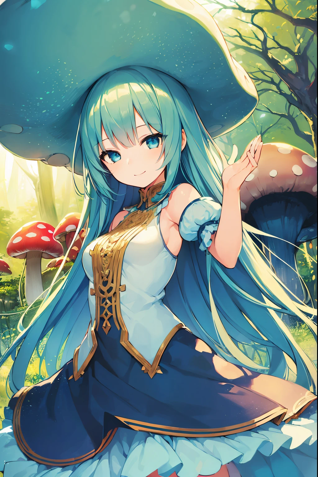 (a girl with) mushroom on head, detailed hair, colorful mushrooms on head, cheerful expression, vibrant colors, fantasy style, ethereal lighting, best quality, ultra-detailed, dreamy atmosphere, magical forest background, whimsical, surreal scene.