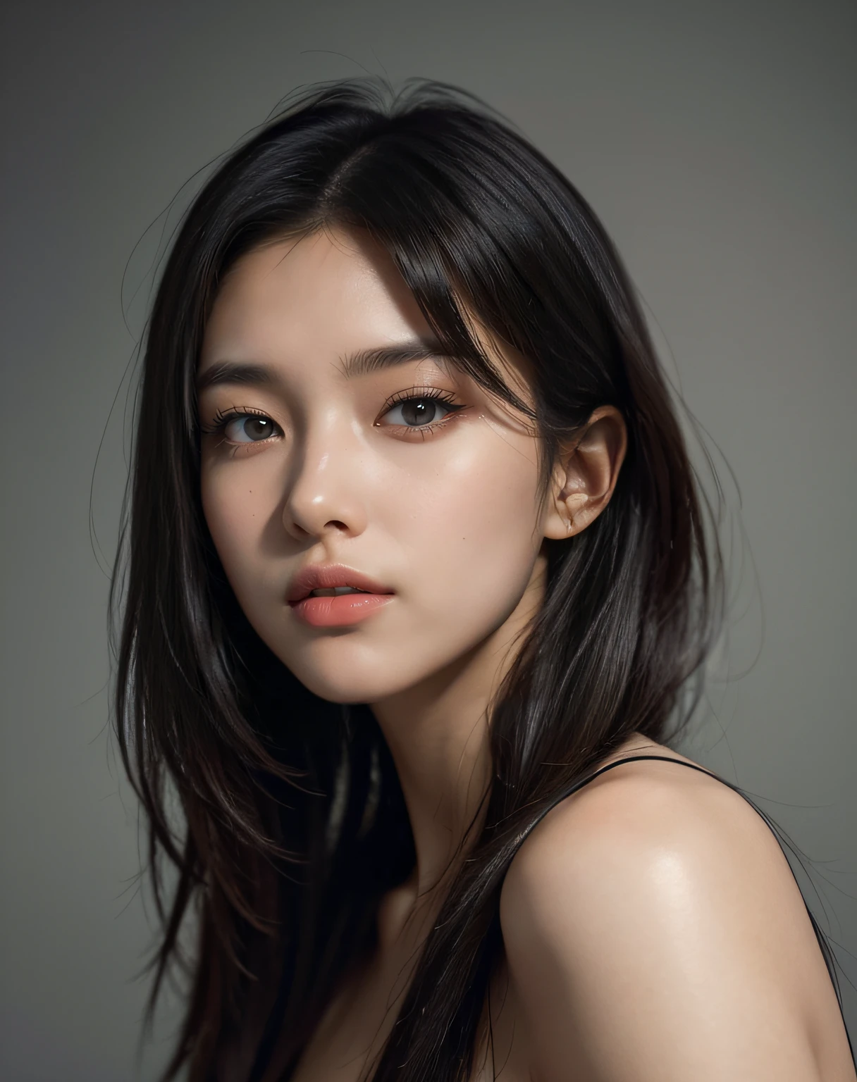 woman in her 20s,She has long black hair, Embrace the Modern Trendy High Top Fade Hairstyle, Dark theme as background. The woman exudes a sense of tranquility and elegance, Her black hair falls from her shoulders. Her skin exhibits natural texture and a surreal touch, Emphasize her youthful glow. Scene lighting soft, radiating a soft,Highlight her facial features. The overall color palette of the image soft and soothing, Focus on soft colors that create a sense of tranquility. The color palette carefully designed,Creates a calm and peaceful atmosphere. Images are characterized by high contrast, Add depth and dimension to your composition. The woman's face the center of the image, Her beautiful and charming eyes pay attention to details, Delicate nose, and soft, seductive lips. Her eyes are very delicate, Reflects a sense of depth and emotion. The artist pays special attention to creating long eyelashes,Enhance the charm of eyes. The composition also contains other elements, Like a soft light shrouding a woman, further accentuating her brilliance. Surreal details of her face and features juxtaposed against the background,replenished her aura. This masterpiece crafted to the highest quality standards, Ensure impeccable image clarity. Resolutions range from 4K to 8K, Showcase every detail of the artwork. Enhanced image realism using physically based rendering techniques and studio lighting. The work’s artistic style blends portraiture with contemporary aesthetics, Capturing the timeless beauty of women,while incorporating modern elements. The resulting images are a stunning blend of realism and artistic interpretation. The color scheme of the image dominated by dark colors, Set your mood with deep and soothing tones. Soft colors complement dark themes, creating a sense of mystery and intrigue. The picture exudes