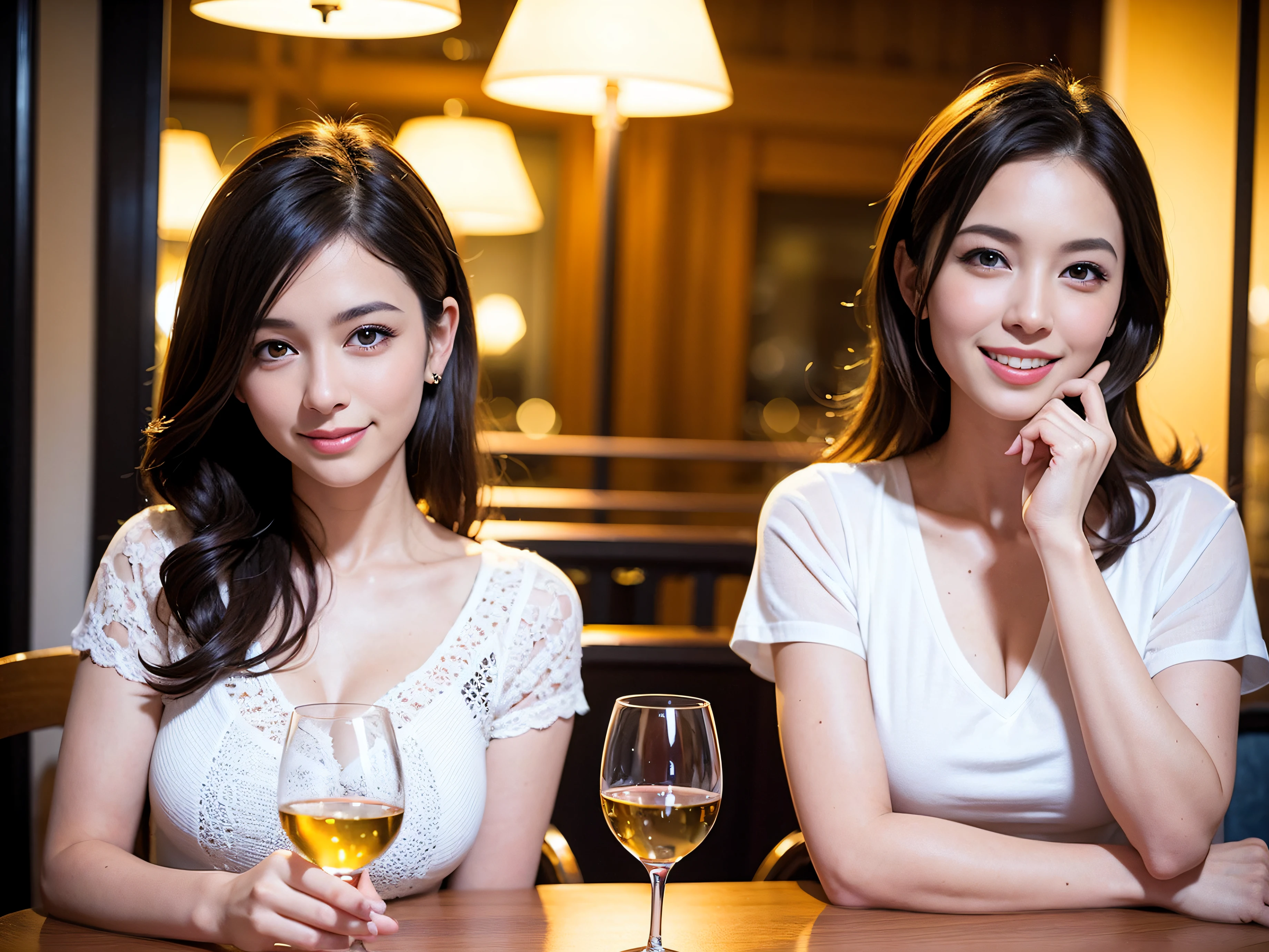 (64k uhd, nffsw, of the highest quality, masutepiece: 1.2), (Realistic, Photorealistic: 1.37), 1 pretty woman, (Slim Face), (Slim body), (Brown hair), (short-cut), cheeks blush a little, (44 years old), 38 years, Solo, A beautiful and detailed night view spreads out outside the window.., restaurant, Sitting in a wine glass, At night, Novafrog style in a prominent place, actress, Model, waist-up, white wine, slim, wine glasses, Super clean night view, Wine glass placed in the middle, Happy smile, (Smile: 1.15), Beautiful fine eyes, Upper body, Bust Japan Up, Night, Short, Short, actress, Model, waist-up, white wine, slim, wine glasses, Super clean night view, Wine glass placed in the middle, Happy smile,