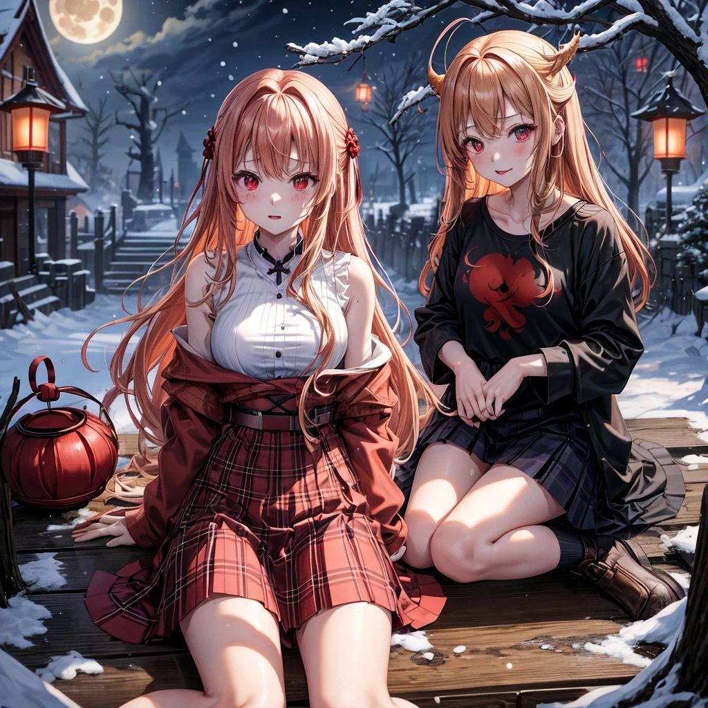 Red-blonde、red eyes、one good looking girl、独奏、animesque、lightly dressed、Plaid miniskirt、wetting hair、sitting on、Black T-shirt、Decayed tree leaning heavily、fullmoon、It's snowing、monster castle、lantern、Gates of Hell、gatekeeper of craft、I'm looking cold