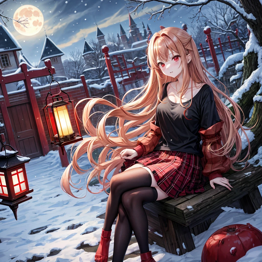 Red-blonde、red eyes、one good looking girl、独奏、animesque、lightly dressed、Plaid miniskirt、wetting hair、sitting on、Black T-shirt、Decayed tree leaning heavily、fullmoon、It's snowing、monster castle、lantern、Gates of Hell、gatekeeper of craft、I'm looking cold