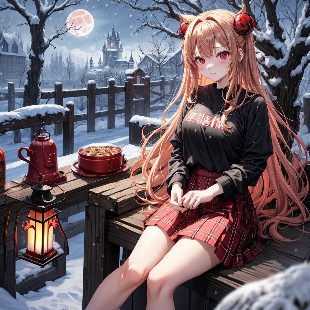 Red-blonde、red eyes、one good looking girl、独奏、animesque、lightly dressed、Plaid miniskirt、wetting hair、sitting on、Black T-shirt、Decayed tree leaning heavily、fullmoon、It's snowing、monster castle、lantern、Gates of Hell、gatekeeper of craft、I'm looking cold