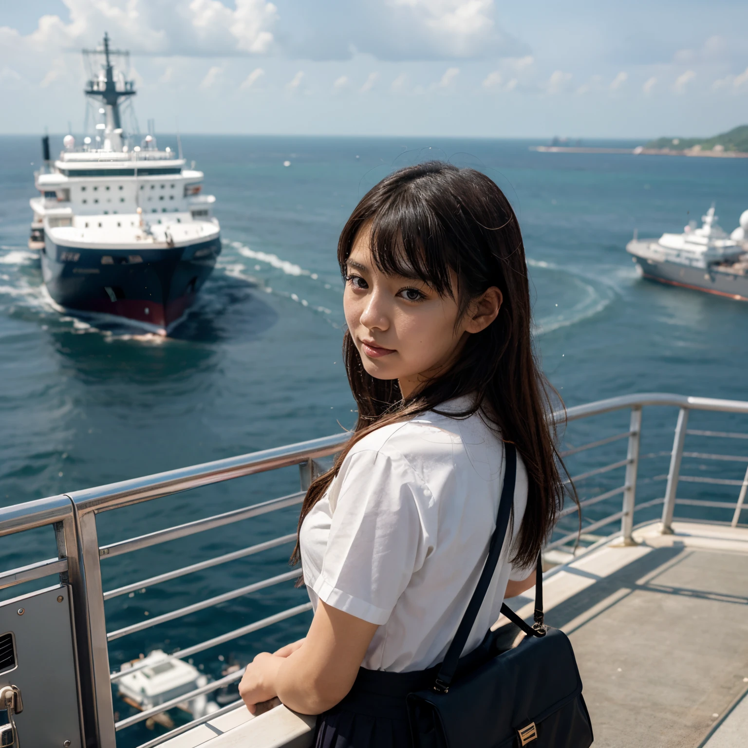 Japanese girl, ship departure, on deck, passenger vessel