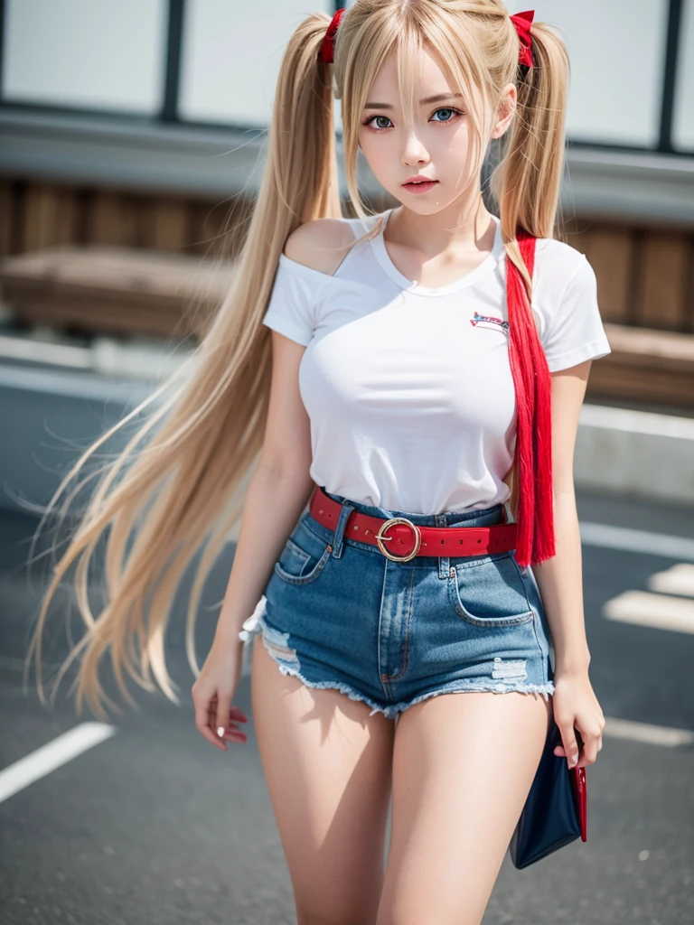 1girl, blonde hair, very long hair, twintails, red ribbon, blue eyes, shy, ,akizuki airi, blonde_hair, blue eyes, twintails, very_long_hair, hair_ornament red, hair_scrunchie red, big_breasts,akizuki airi, blonde_hair, blue eyes, twintails, very_long_hair, hair_ornament red, hair_scrunchie red, big_breasts, white tshirt, bare_shoulders, blue jeans shorts, belt red, thighhighs,