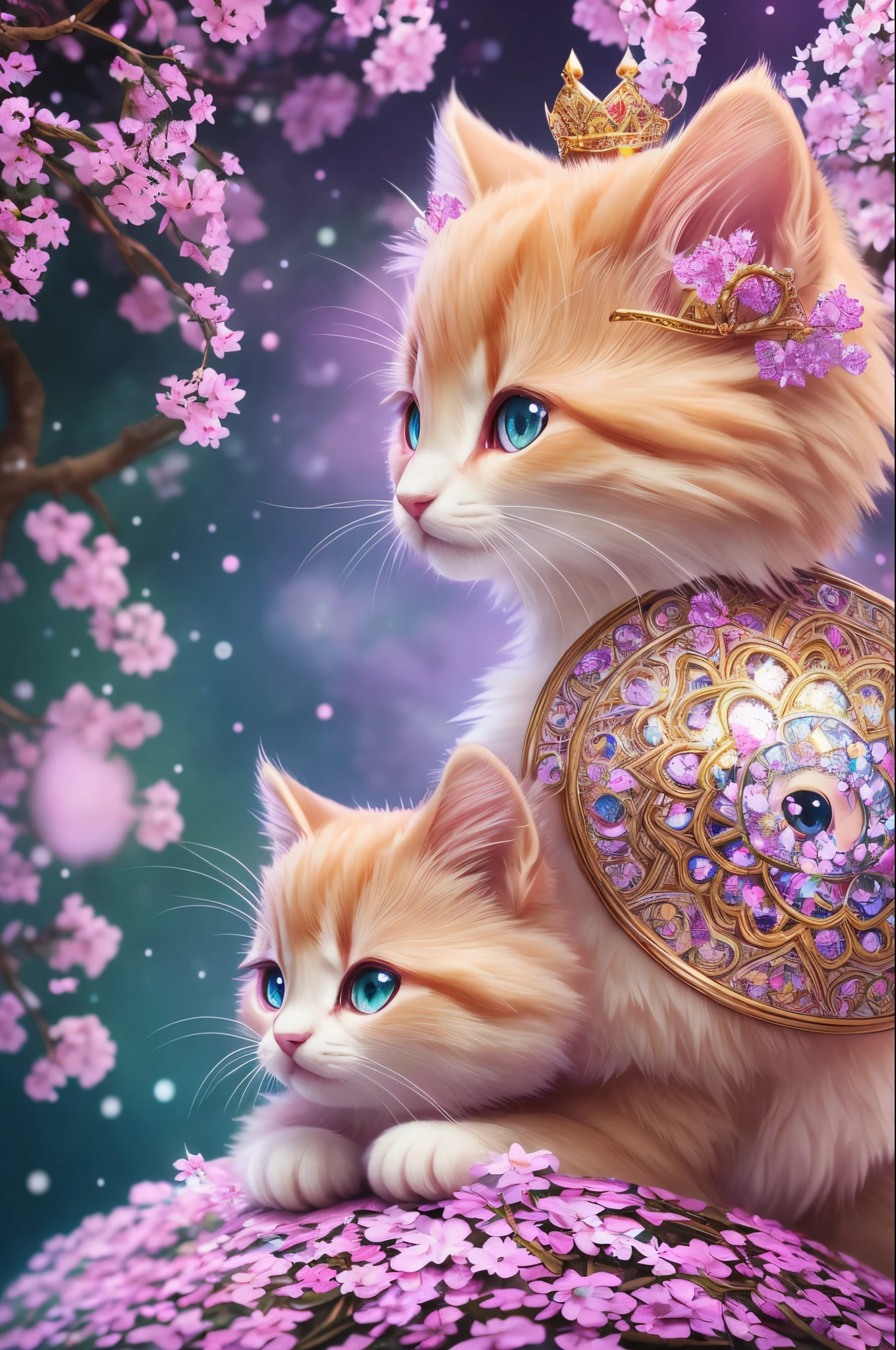 side view, oversaturate, colorfully, Fairytale, dreamlike, Cinematic character render, oil painting, 3D, 8k resolution, sequins, glitter, sakura forest, moonlight, Close up Portrait adorable chibi kawaii anthropomorphic kitten king, Detailed eyes, large round reflective eyes,