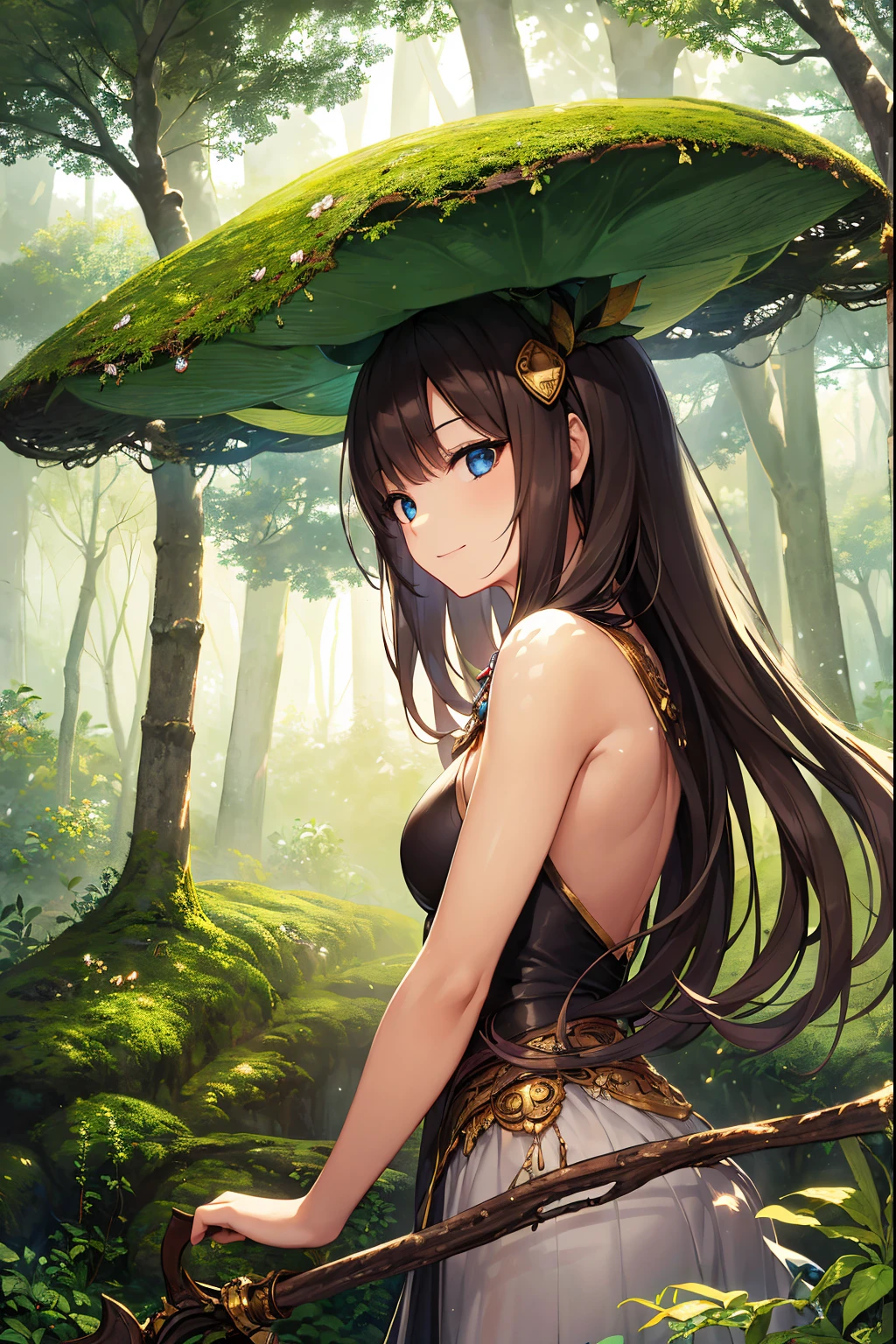 (a girl with) mushroom on head, detailed hair, colorful mushrooms on head, cheerful expression, vibrant colors, fantasy style, ethereal lighting, best quality, ultra-detailed, dreamy atmosphere, magical forest background, whimsical, surreal scene.