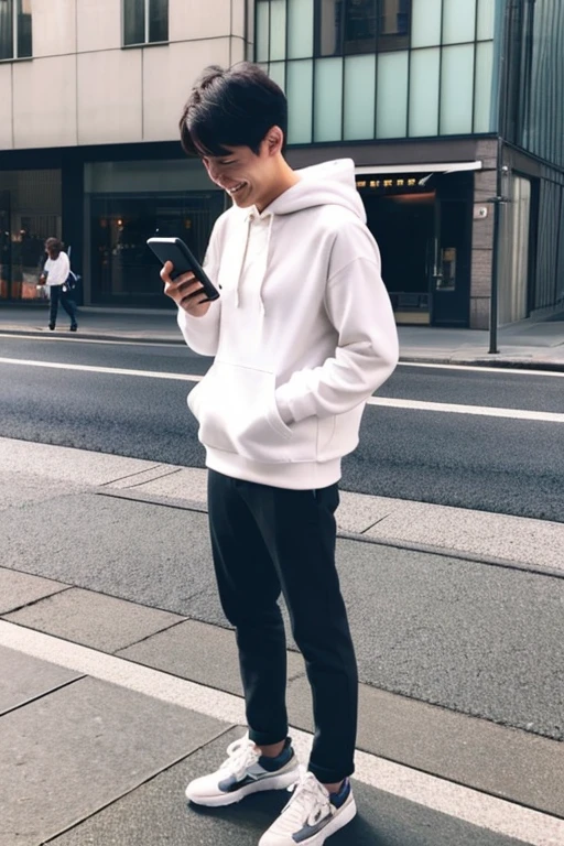 man looking at smartphone,I'm so happy I'm jumping up and down,handsome smiling man,jpn,male in his 20s,I have a smartphone,Wearing a white hoodie,I have a smartphone,up of face