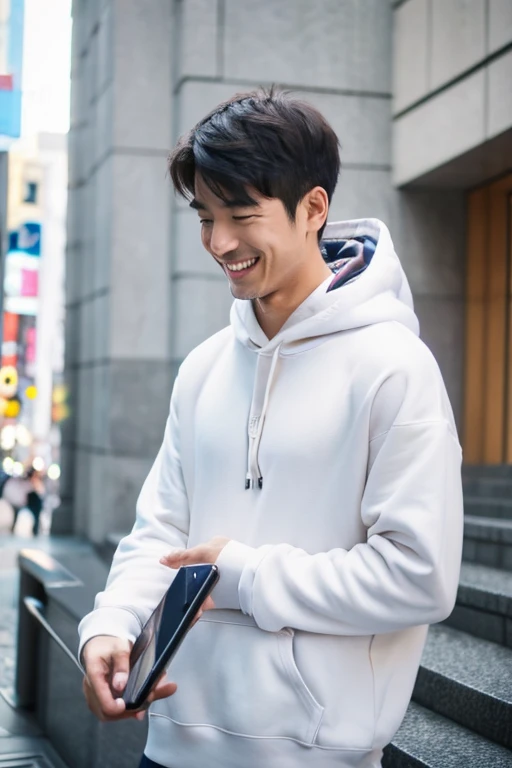 man looking at smartphone,I'm so happy I'm jumping up and down,handsome smiling man,jpn,male in his 20s,I have a smartphone,Wearing a white hoodie,I have a smartphone,up of face