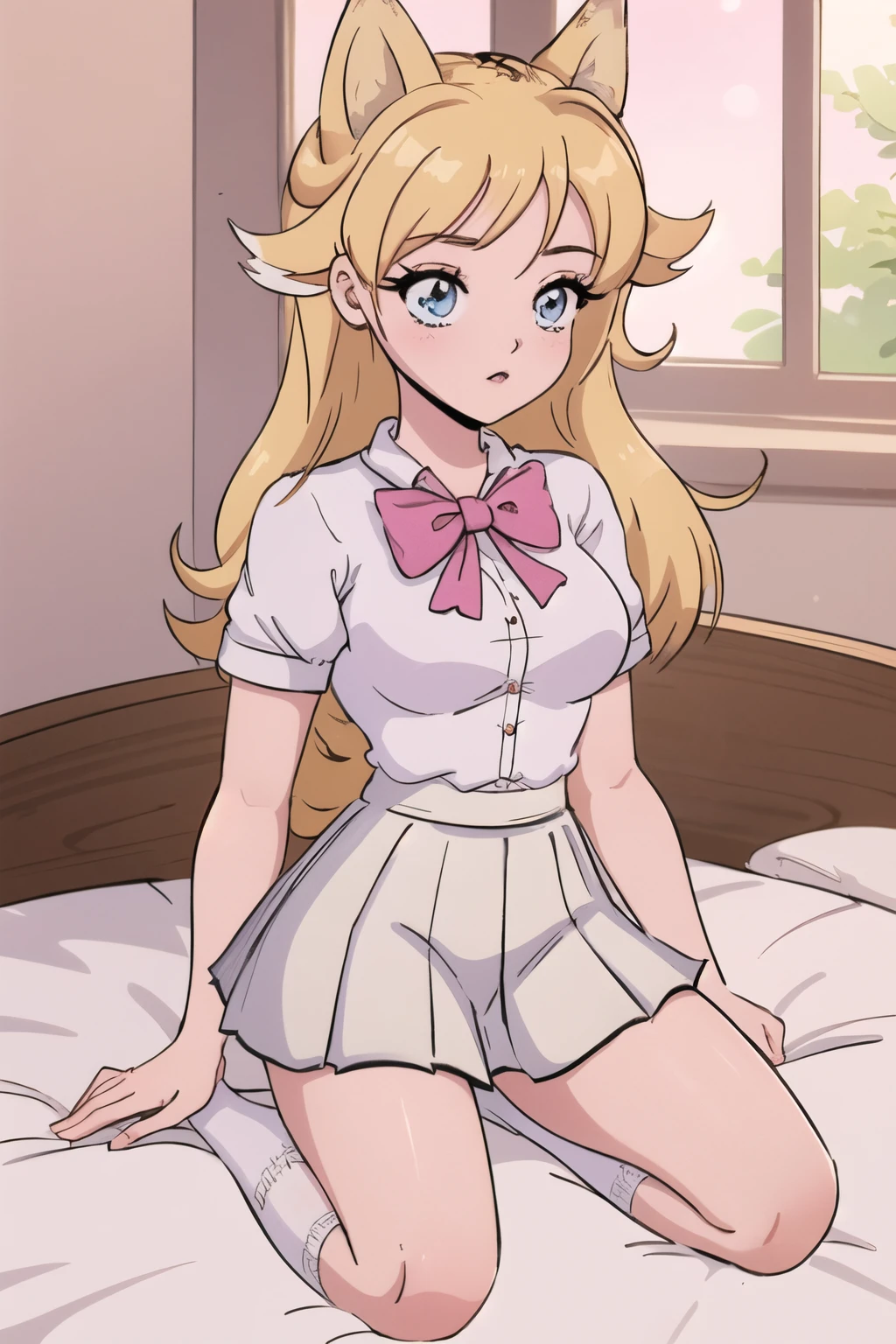 Beautiful 1girl, full body, teenager, solo, (very long waist length blonde hair, straight blonde hair: 1.28), ((light blue eyes)), clear skin, (large darker fox ears: 1.35), pale skin, medium breasts, (thin hips, thin waist , athletic body: 1.25), background, looking away, (wearing a short sleeve button down white blouse, pink jk bow, short pleated skirt, school girl uniform,: 1.5), kneeling on a bed, in a bedroom, 4k textures, soft light, elegant, highly detailed, sharp focus, soothing tones,