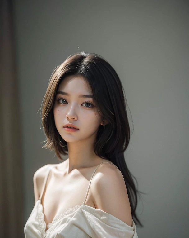 A 20-year-old woman with long dark hair, embracing a modern and trendy hi-top fade haircut, set against a dark theme. The woman exudes a sense of serenity and elegance, her brunette locks cascading down her shoulders. Her skin depicted with natural texture and a hyperrealistic touch, emphasizing her youthful glow. The lighting in the scene soft, casting a gentle glow that accentuates her features. The overall color palette of the image muted and soothing, with a focus on muted colors that create a sense of tranquility. The tones are carefully curated to evoke a calming and peaceful atmosphere. The image characterized by high contrast, adding depth and dimension to the composition. The woman's face the centerpiece of the image, with attention to detail given to her beautiful and captivating eyes, delicate nose, and soft, enticing lips. Her eyes are extremely detailed, reflecting a sense of depth and emotion. The artist has paid special attention to creating long eyelashes that enhance the allure of her gaze. The composition also includes additional elements, such as a soft light that envelops the woman, further emphasizing her radiance. The hyperrealistic details of her face and features are juxtaposed against a backdrop that complements her aura. This masterpiece crafted with the highest quality standards, ensuring impeccable image clarity. The resolution can range from 4K to 8K, showcasing every minutiae of the artwork. The use of physically-based rendering techniques and studio lighting enhances the realistic nature of the image. The artistic style of this piece a fusion of portraiture and contemporary aesthetics, capturing the timeless beauty of the woman while incorporating modern elements. The resulting image a stunning blend of realism and artistic interpretation. The color scheme of the image predominantly dark, with deep and soothing tones setting the mood. The muted colors complement the dark theme, creating a sense of mystery and intrigue. The image exudes