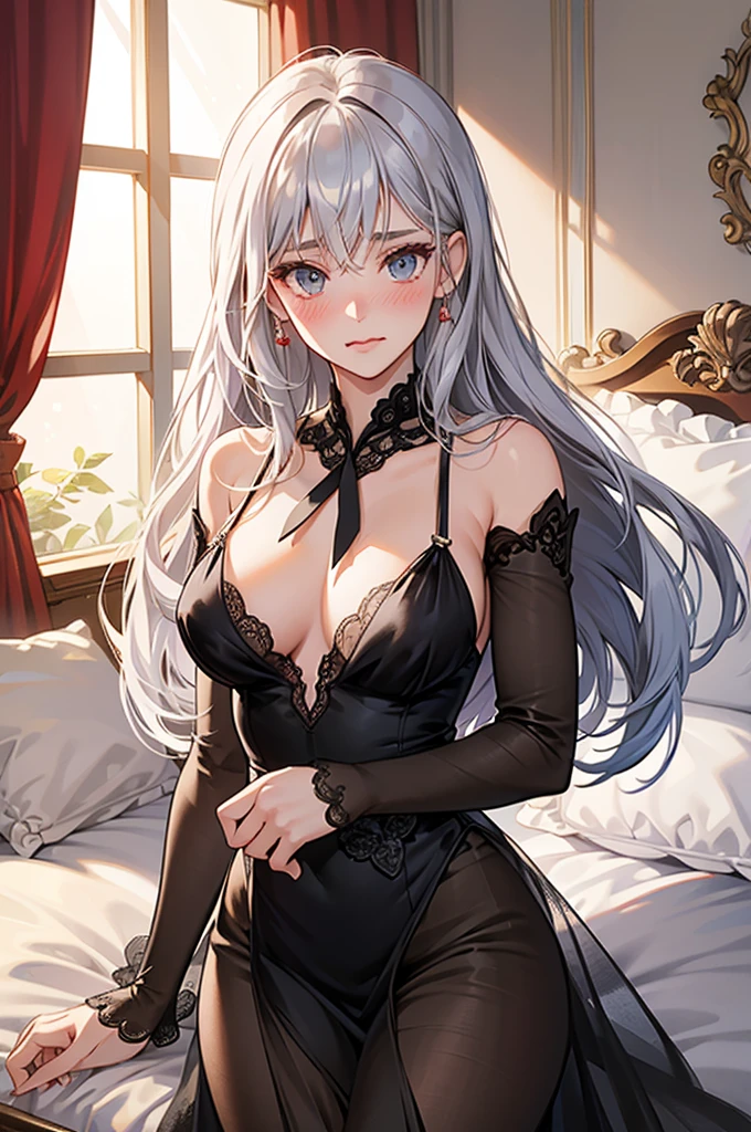 One lady,{Best quality at best}, {ultra - detailed}, {very detailed illustration}, image quality,silber hair, Aimei, embarrassed from,Exposed nipple,Red blush,Black tie,{Slip dress},Harnes,T sleeve skirt,CasualClothing,Beds,All four styleront-facing view