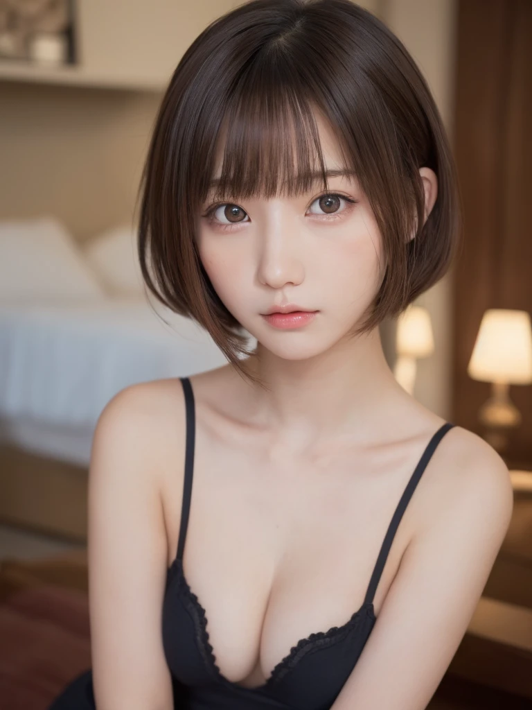 masutepiece, Best Quality, One girl, (a beauty girl, Delicate girl:1.3), (:1.3), Very fine eye definition, (Symmetrical eyes:1.3), (Camisole), Small breasts, Brown eyes, Parted bangs, Brown hair