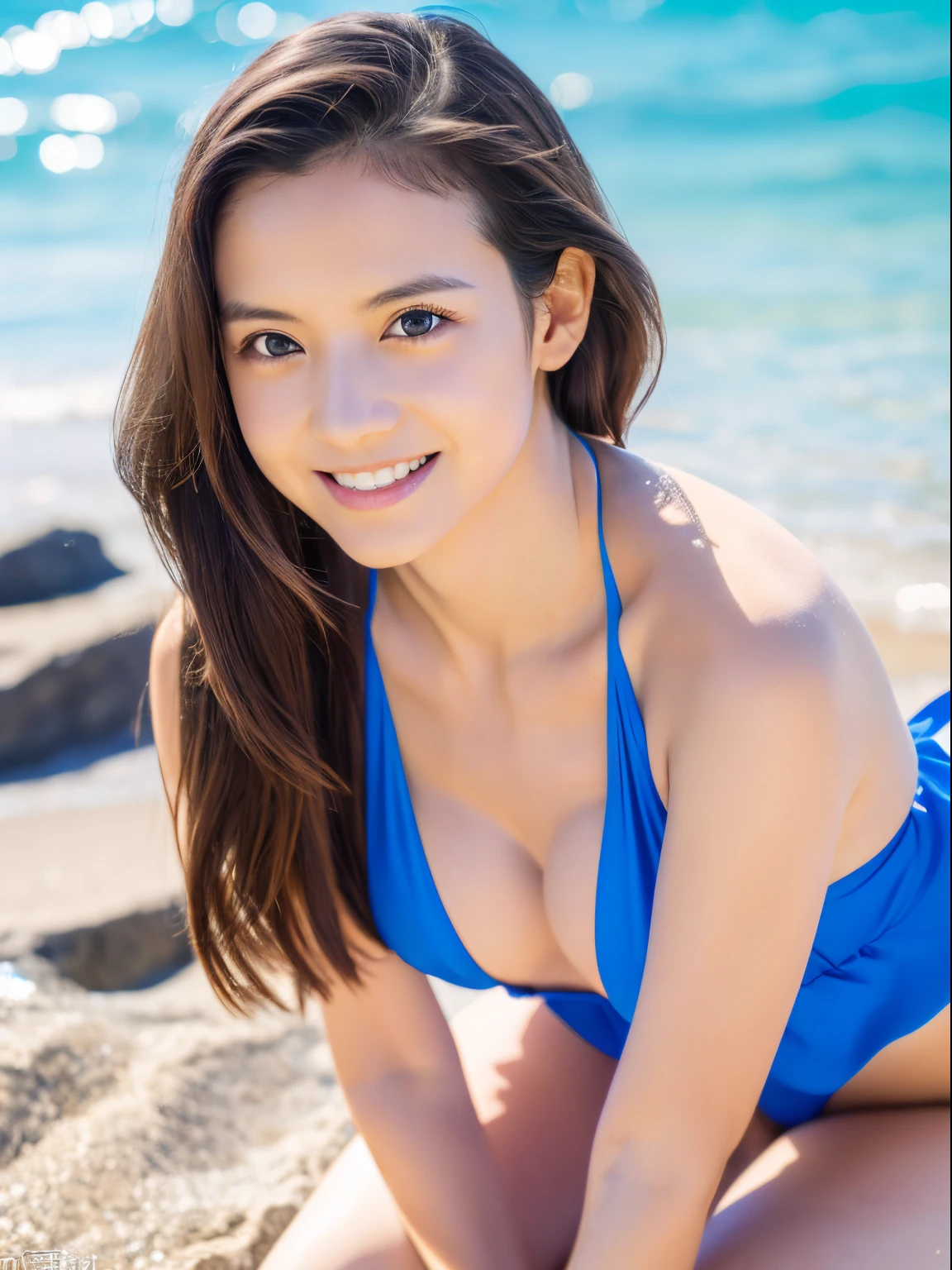 (masutepiece, Best Quality:1.4), (8K, Raw photo, photographrealistic:1.2), (Shiny skin), Detailed skin, Detailed face, Detailed eyes,
8K Portrait, smiling chinese woman, 18 years old, Blue eyes , (), Colorful micro ??????, platinum extra long wavy hair, Beach, (tilts head), Looking at Viewer, Full body, sun light