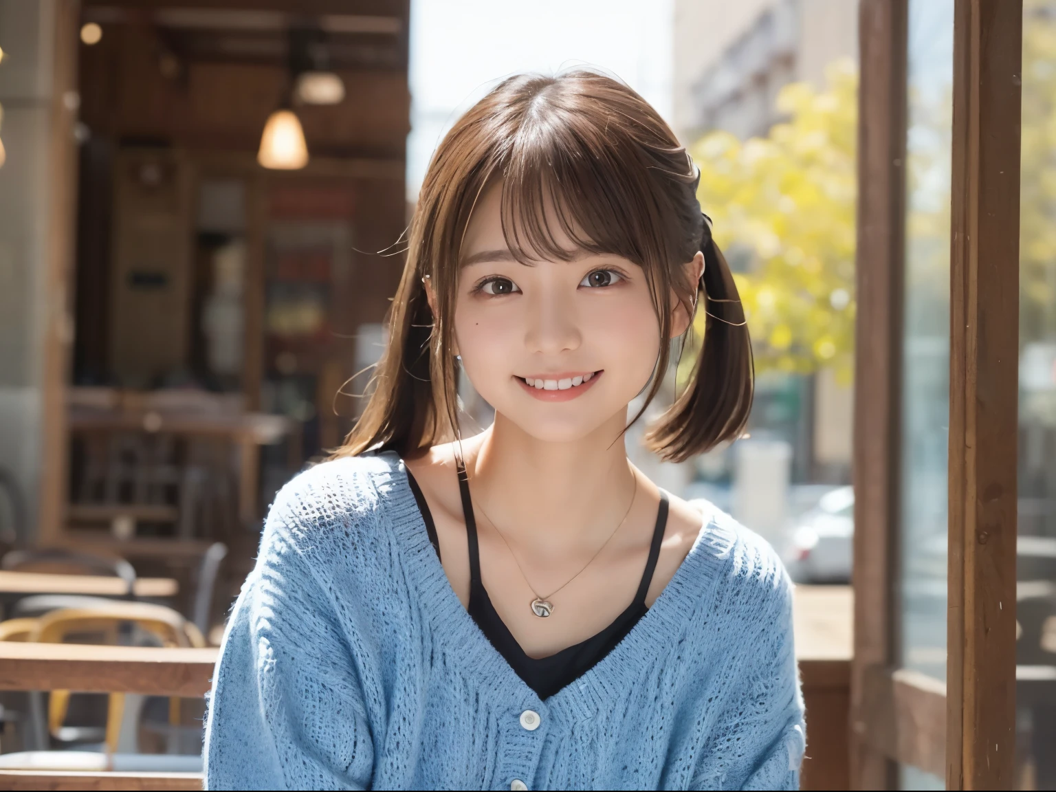 NFSW、masutepiece、masterpiece、1 girl in、(close up of face、cowboy shot)、Straight front view、japanes、very young cute woman、(The cutest girl in the world)、、autumn knit jacket、Sheer inner、Chiffon skirt、Ultra-detailed costumes、Smiling in a café、Scrunchie、Thin necklace、Glamorous figure、hyper cute face、shiny lip、Double eyelids in both eyes、 natural make up、shiny smooth light brown hair、bangss、Short twin tail hair、asymmetrical bangs、image in center、8K分辨率、high détails、Detailed hairstyles、A detailed face、spectacular movie lighting、octane renderings、with a vibrant、Ultra-realistic、Perfect limbs、perfect anatomia