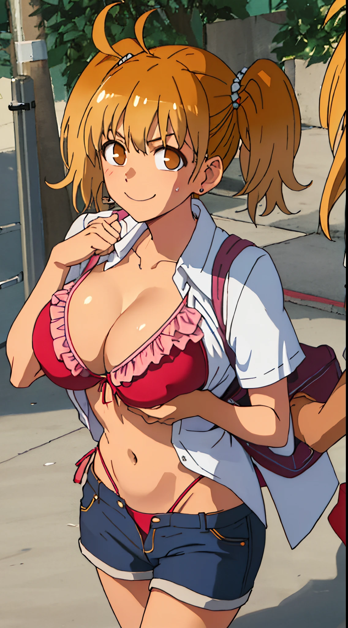 Big boobs,smile, walking in streets, shirt, navel, no button in shirt,bikini, shorts, try to give a hug to viewer,sweat,public place,solo, hiding
