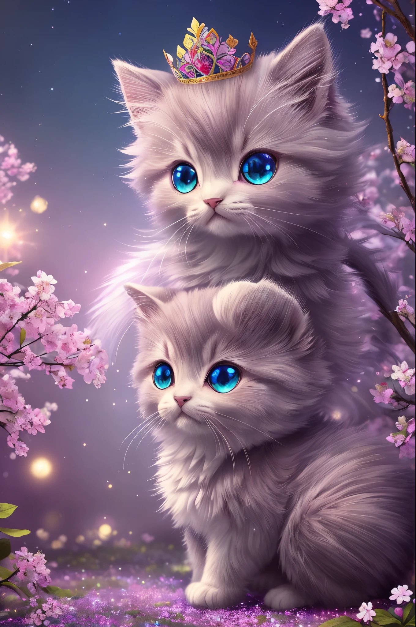 side view, oversaturate, colorfully, Fairytale, dreamlike, Cinematic character render, oil painting, 3D, 8k resolution, sequins, glitter, sakura forest, moonlight, Close up Portrait adorable chibi kawaii anthropomorphic kitten king, Detailed eyes, large round reflective eyes,