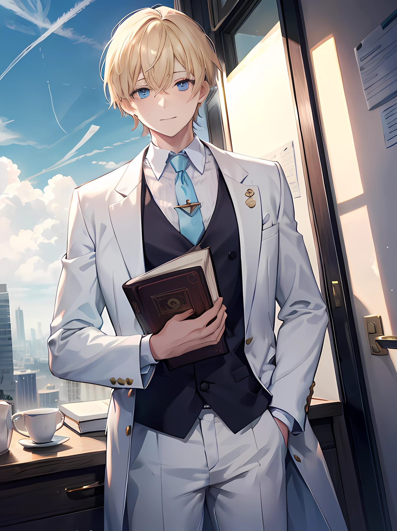 1 boy, gold hair, light blue eyes, side parted hair, doctor's suit, left hand holding a book on his chest, right hand in his trouser pocket, glazed eyes, smiling, sky background