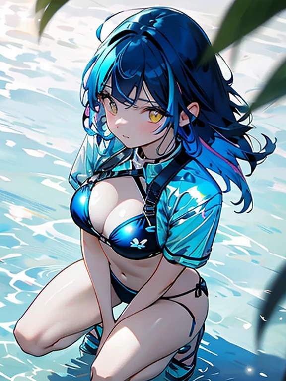 ((masterpiece、top-quality:1.5、a high chroma:1.5、ultra-detailliert、high-resolution illustrations:1.5、Ultra-high-definition CG、8k size wallpaper、offcial art))、(from above:1.5),(1woman,),(erotic cute face:1.5,cute eyes:1.5)、(seductive smile:1.3)、(sexy body),(squatting:1.5),(((micro bikini:1.8,)))、(Metallic Blue:1.5),(fluorescence multicolored hair:1.5), (large breasts:1.1)、(oil skin:1.5),(curvy:1.3)、
,(shine yellow Eyes:1.5),(midsummer beach strong sunlight:1.5)、(cowboy shot:1.5)、