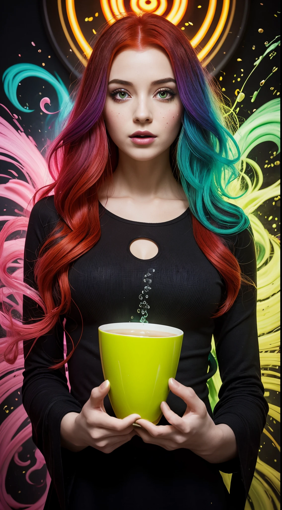 Psychedelic vision of a beautiful therapist with red hair and a black gothic top experiencing the world as hallucinations holding a cup of green tea, a lucid dream of neon smoke unfurls in this dreamlike image portraying neon tea splashing into swirls of rainbow bursts of light, vivid use of paint splash colors of green, blue, and purple, fantasy psychedelic atmosphere