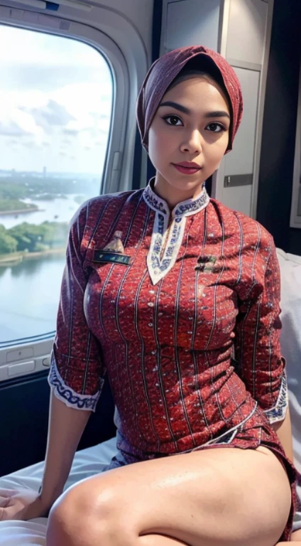 RAW, Best quality, high resolution, Masterpiece: 1.3), Beautiful Indonesian woman in hijab, full body, Masterpiece, Perfect slim body, ((Big breasteautiful big eyes, water eyes, Soft smile,hijab, Lion Air Stewardess Uniform, longsleeve, cover the body, one unbutton skirt (extremely detailed skin, extremely detailed hijab), flirting, happy, bokeh, sitting on the bed