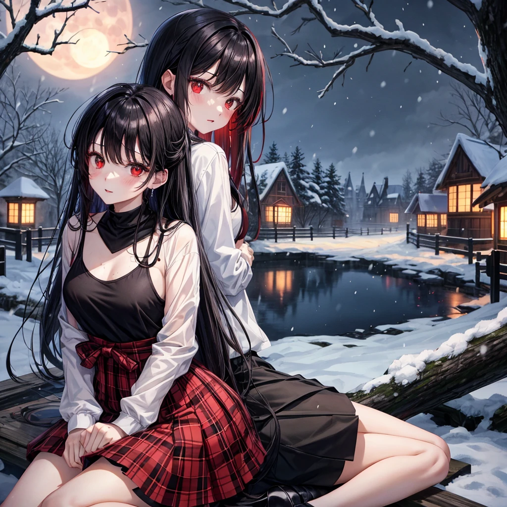 Red-black hair、red eyes、one good looking girl、独奏、animesque、lightly dressed、Plaid miniskirt、wetting hair、sitting on、Black T-shirt、Decayed tree leaning heavily、fullmoon、It's snowing、monster castle、lantern、Gates of Hell、gatekeeper of craft、I'm looking cold、Looking back