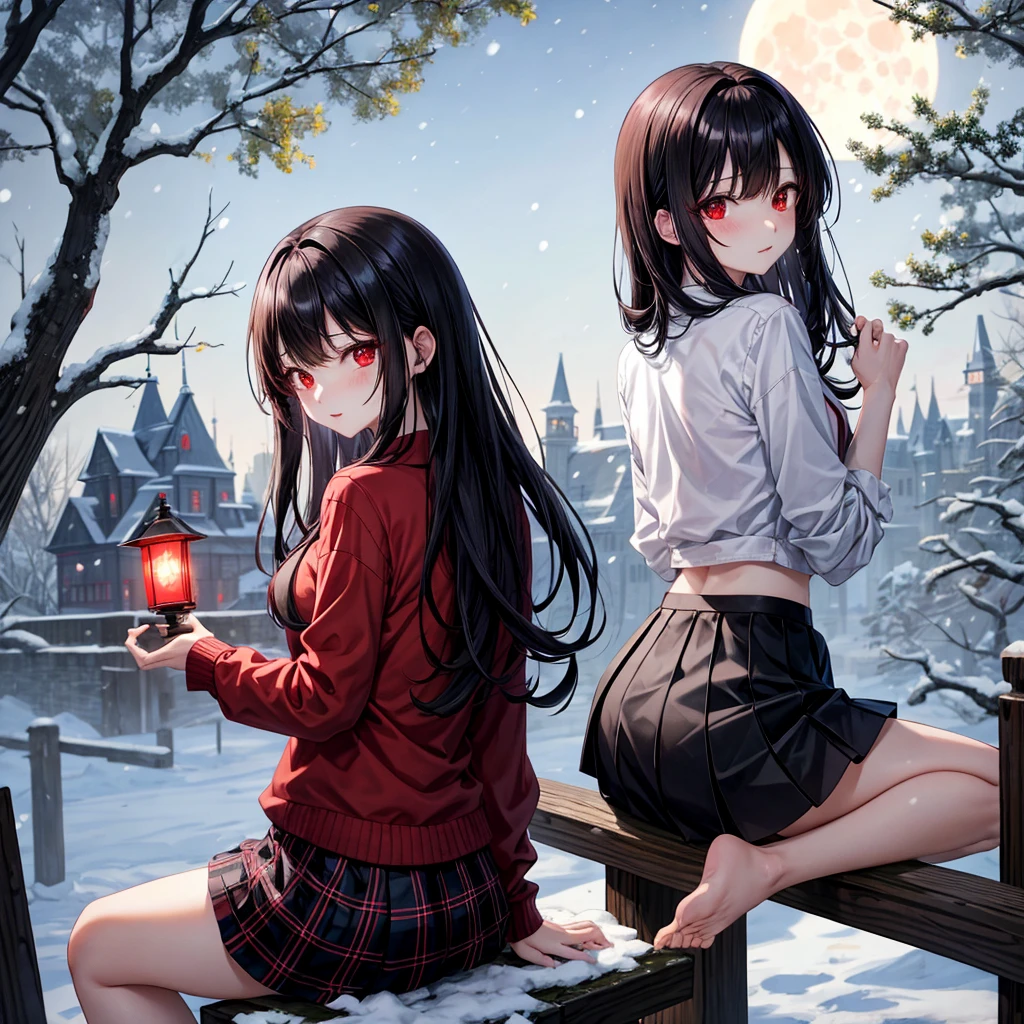 Red-black hair、red eyes、one good looking girl、独奏、animesque、lightly dressed、Plaid miniskirt、wetting hair、sitting on、Black T-shirt、rotting wood、fullmoon、It's snowing、monster castle、lantern、Gates of Hell、I'm looking cold、Looking back