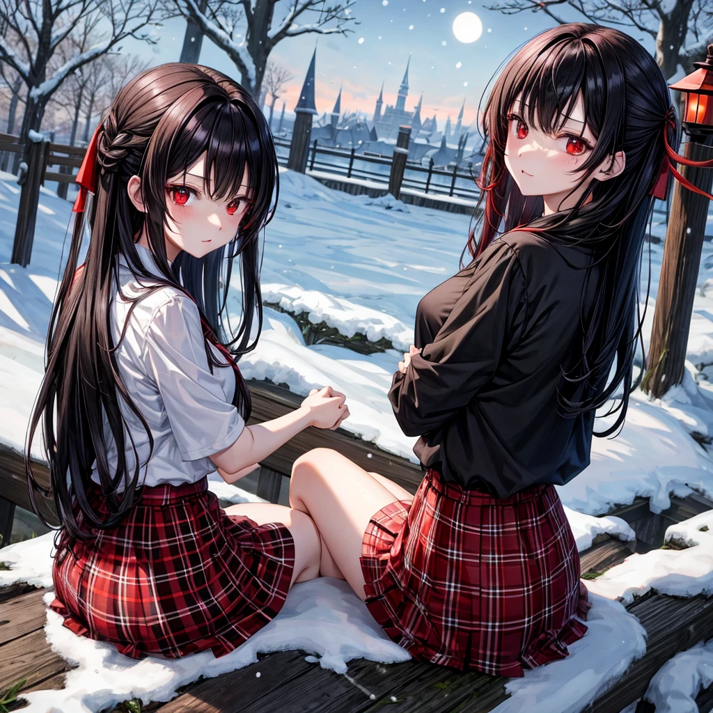 Red-black hair、red eyes、one good looking girl、独奏、animesque、lightly dressed、Plaid miniskirt、wetting hair、sitting on、Black T-shirt、Decayed tree leaning heavily、fullmoon、It's snowing、monster castle、lantern、Gates of Hell、gatekeeper of craft、I'm looking cold、Looking back
