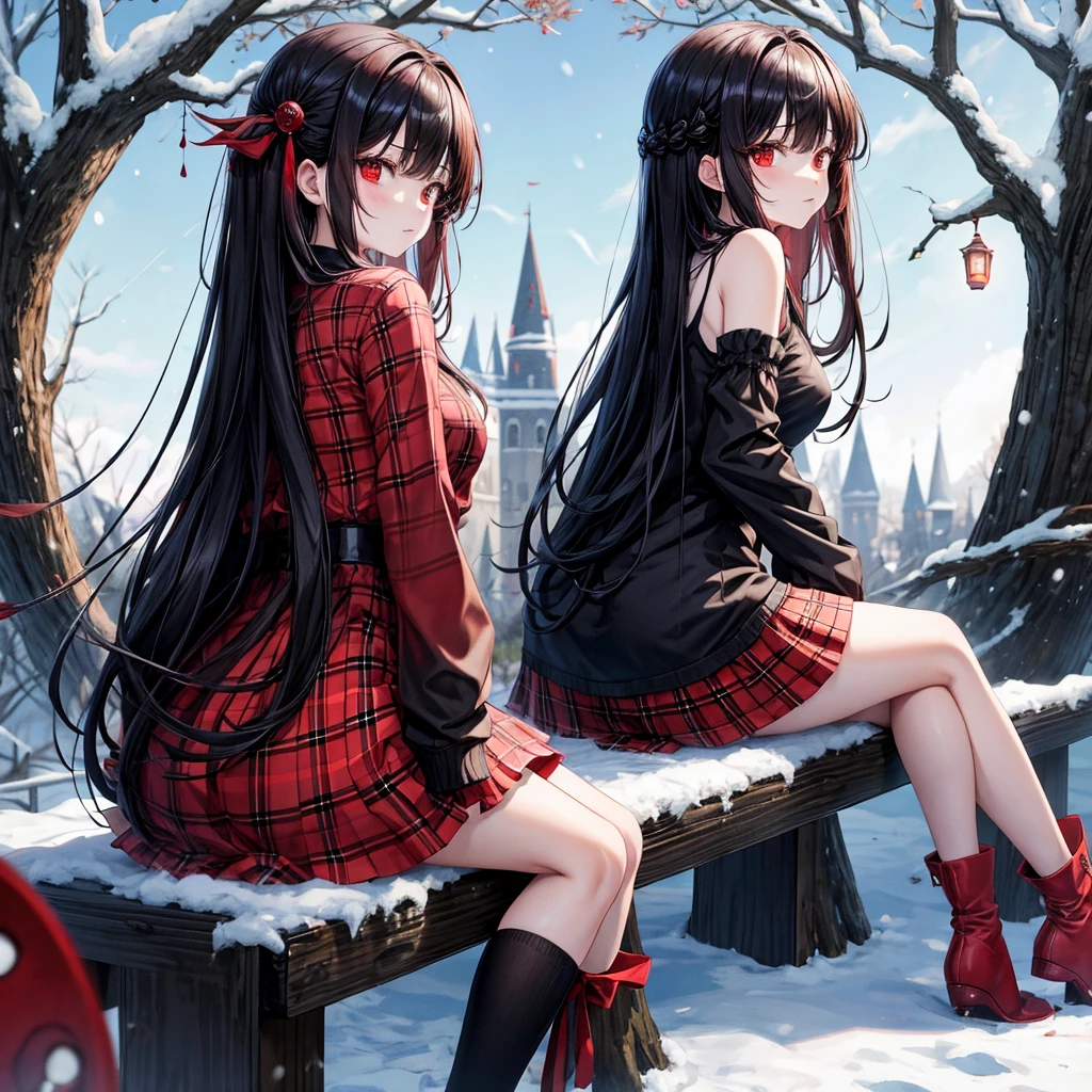 Red-black hair、red eyes、one good looking girl、独奏、animesque、lightly dressed、Plaid miniskirt、wetting hair、sitting on、Black T-shirt、Decayed tree leaning heavily、fullmoon、It's snowing、monster castle、lantern、Gates of Hell、gatekeeper of craft、I'm looking cold、Looking back
