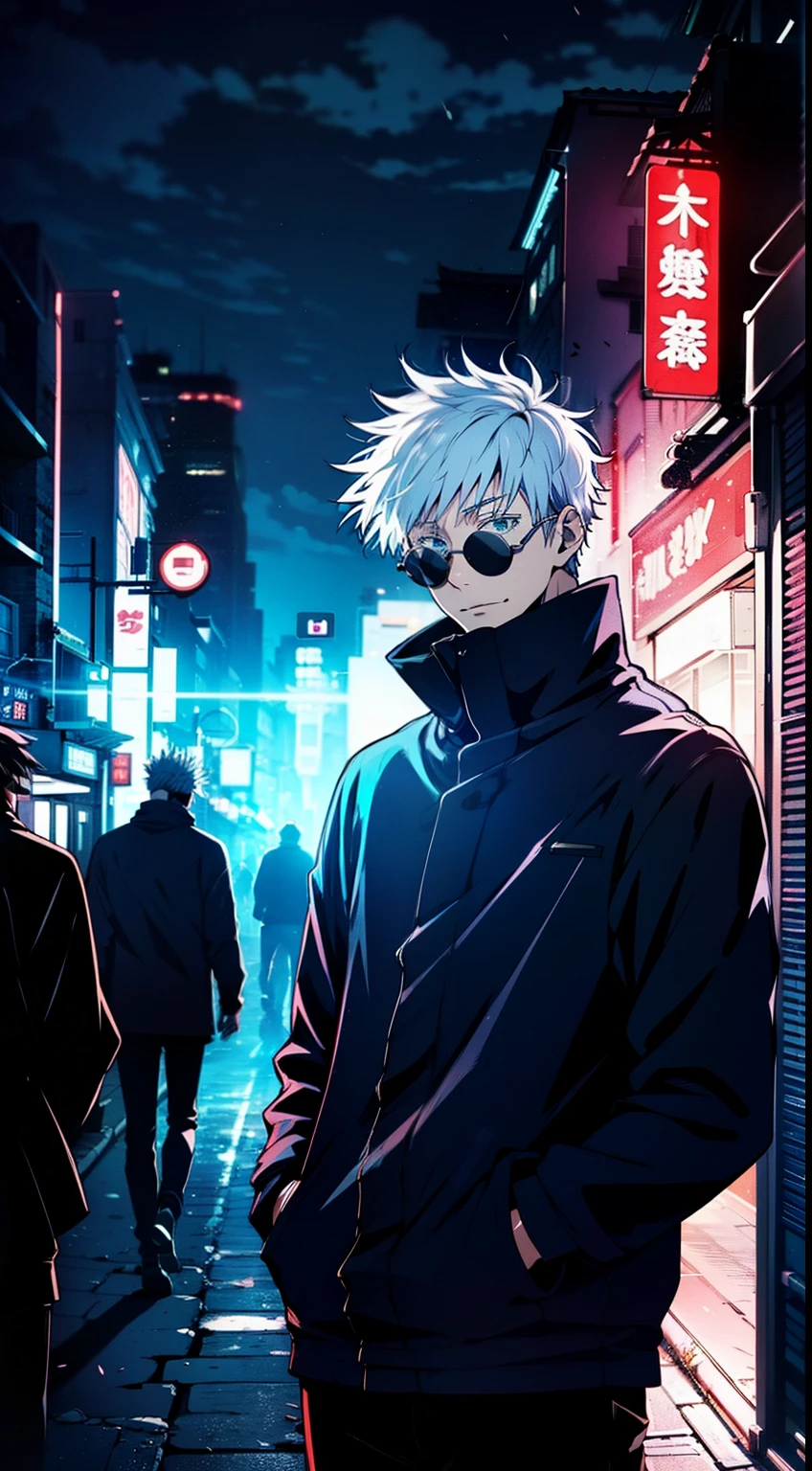 epic composition, city ​​street, Japan, deserted street, the night, flashing in the background, Red and blue color, (tmasterpiece, beste-Qualit: 1.2), male focus, 1boy, Gojo Satoru, round eyewear, Sunglasses, hands in pocket, blindfold, black jacket, (Masterpiece:1.3),(Best Quality:1.2),8K,absurdress,Unity 8K WallPapper,(Extremely detailed:1.3),supreme, hight resolution, Amazing, illustartion, Beautiful studio soft light, Stunningly beautiful, incredibly absurdres, Vivid details, Cinematic lighting, moody lighting, pixiv, Award-winning, Professional, Highly detailed, Gojo1, inform, looking a viewer, Smile, Short hair, 1boy, Standing, jacket, white colored hair, male focus,spiked hair, facing viewer, (red background:1.1), high collar, blindfold, (Magic:1.3), (aura:1.3),