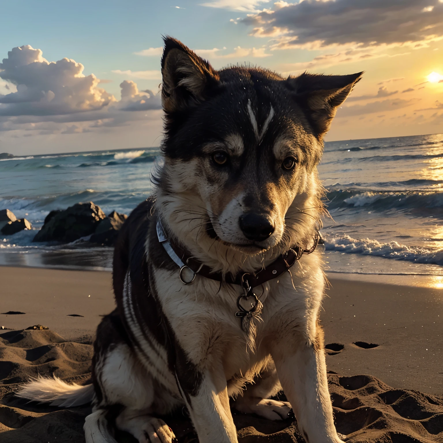 Um lobo sentado,olhando para o nascer do sol
