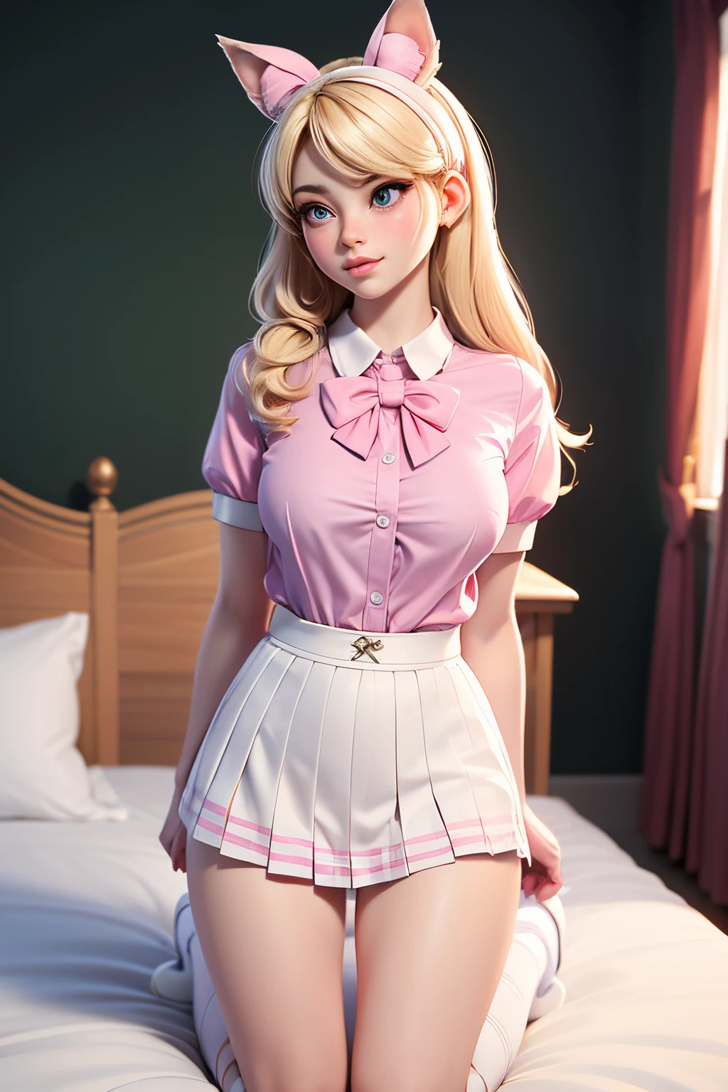 Beautiful 1girl, full body, teenager, solo, (very long waist length blonde hair, straight blonde hair: 1.28), ((light blue eyes)), clear skin, (large darker fox ears: 1.35), pale skin, medium breasts, (thin hips, thin waist , athletic body: 1.25), background, looking away, (wearing a short sleeve button down white blouse, pink jk bow, short pleated skirt, school girl uniform,: 1.5), kneeling on a bed, in a bedroom, 4k textures, soft light, elegant, highly detailed, sharp focus, soothing tones,