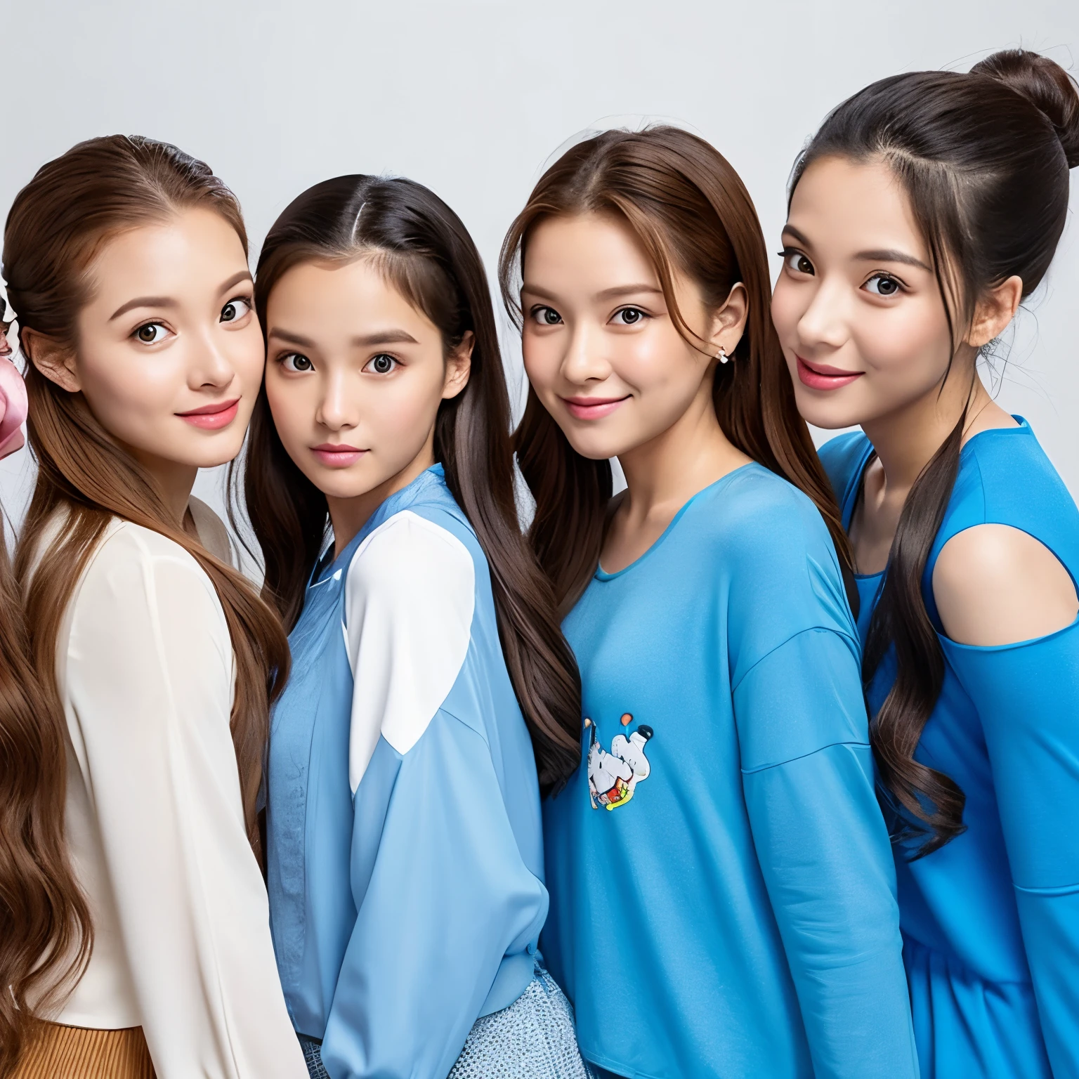 Four girls from Disney Pixar movies are gathered together、The girl on the far left is wearing blue clothes and has black hair in a ponytail, posing in a handsome pose.、The girl on the left in the middle is wearing blue clothes and has brown hair in a ponytail and is posing as a handsome girl.The girl on the right in the middle is wearing white clothes and has brown hair in a ponytail and is doing a pose.、The girl on the far right is wearing white clothes and has black hair in a ponytail.