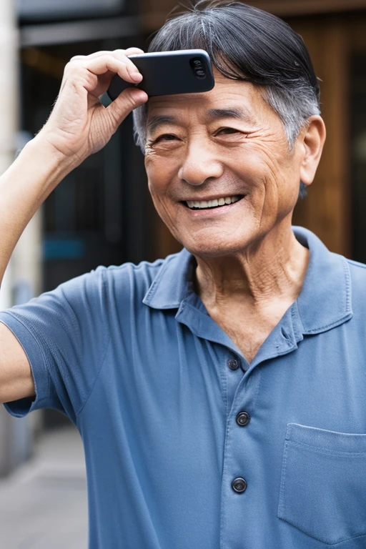 man looking at smartphone,I&#39;m so happy I&#39;m jumping up and down,a smile,60 year old Japanese man,I have a smartphone,I have a smartphone,up of face