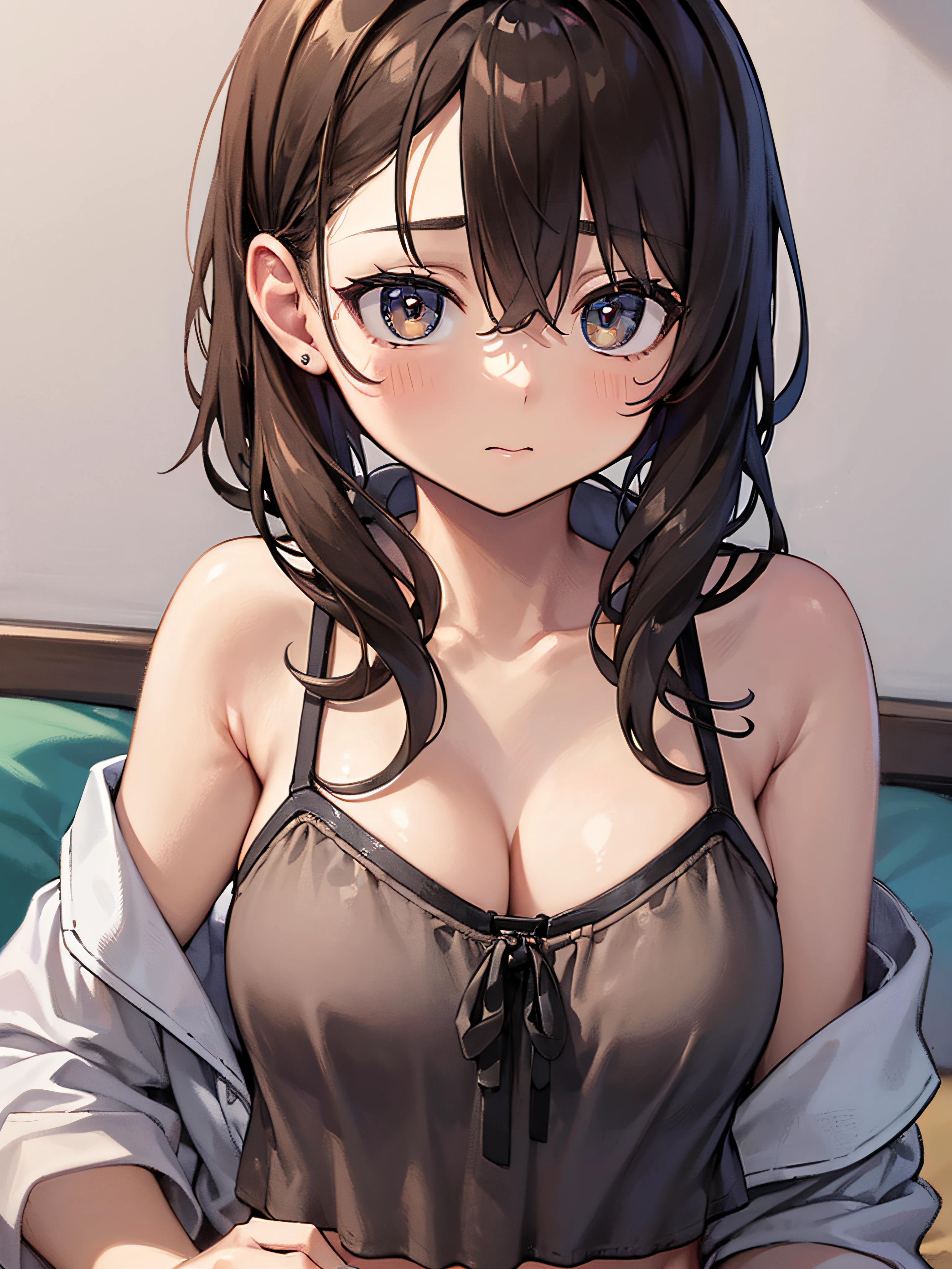 1girl in、As-、Cute underwear、Upper body portrait、Sleeveless、poneyTail、brown haired、Brown-eyed、Long ponytail、M size breasts、High school students、cleavage of the breast、Camisole