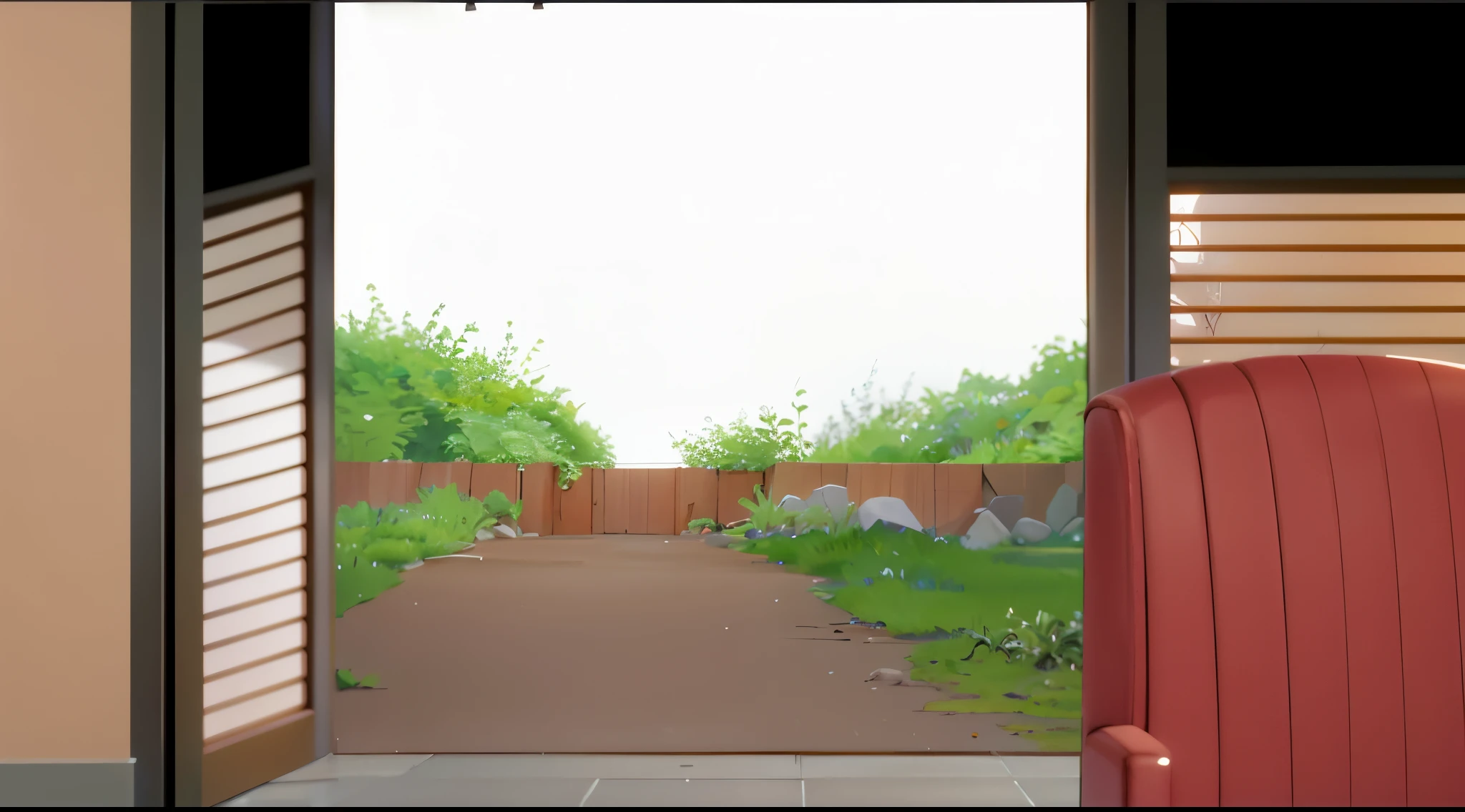 there a red chair sitting in front of a window, random background scene, wide establishing shot, establishing shot, scene view, realistic establishing shot, colorkey scene, large plants in the background, hallway landscape, interior background art, inside stylized border, hyper detailed scene, cut-scene, background art, animation still, bushes in the background