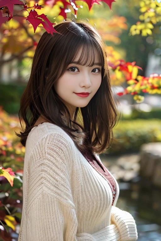 nice smile seeing this、One pretty woman、Bold poses、a smile、18 year old girl、Cute、The upper part of the body、
Under the Autumn Sky、Colorful color sweaters、Medium hair、small tits、Natural Color Lip、fair white skin、
masutepiece、top-quality、illustratio、ultra-definition、Fine、hight resolution、8k wallpaper、Perfect dynamic composition、beatiful detailed eyes、Clean and correct hands、tre anatomically correct、sharp focus master piece, Best Quality, Illustration, Ultra-detailed, finely detail, hight resolution, 8K Wallpaper, Perfect dynamic composition, Beautiful detailed eyes, Natural Color Lip, Random and cute poses, flowing bangs,cleavage of the breast, Smile Face,